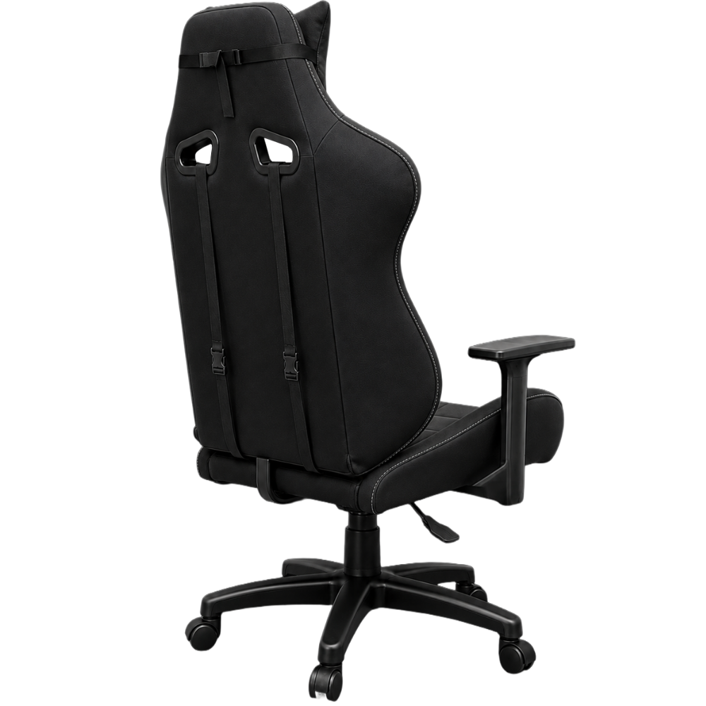 Beyaz arkaplanda tekerlekli, ergonomik siyah oyuncu koltuğunun arka görünümü.