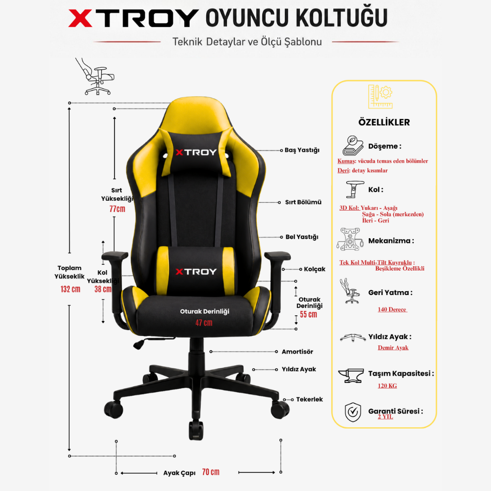 Detayları ve ölçüleri verilen siyah ve sarı XTroy oyuncu koltuğu teknik şeması.