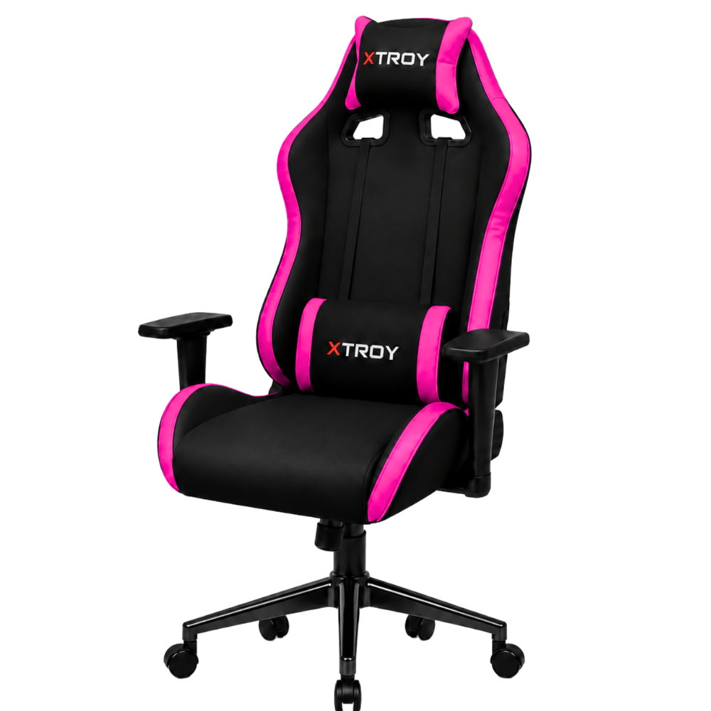 Beyaz arka planda kolçaklı ve tekerlekli siyah ve pembe XTROY oyuncu koltuğu.