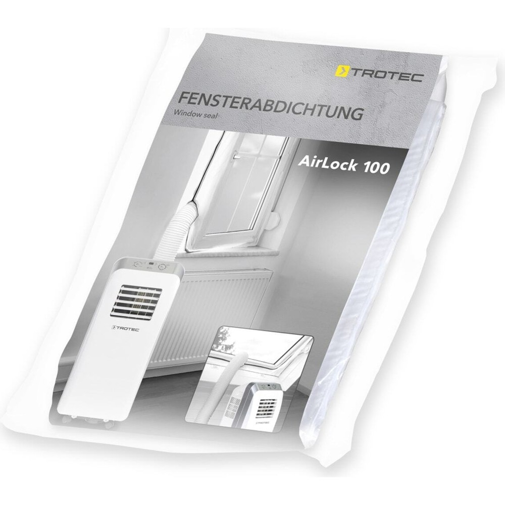 Taşınabilir klimalar için Trotec AirLock 100 pencere contası ambalajı ve kullanım görseli.