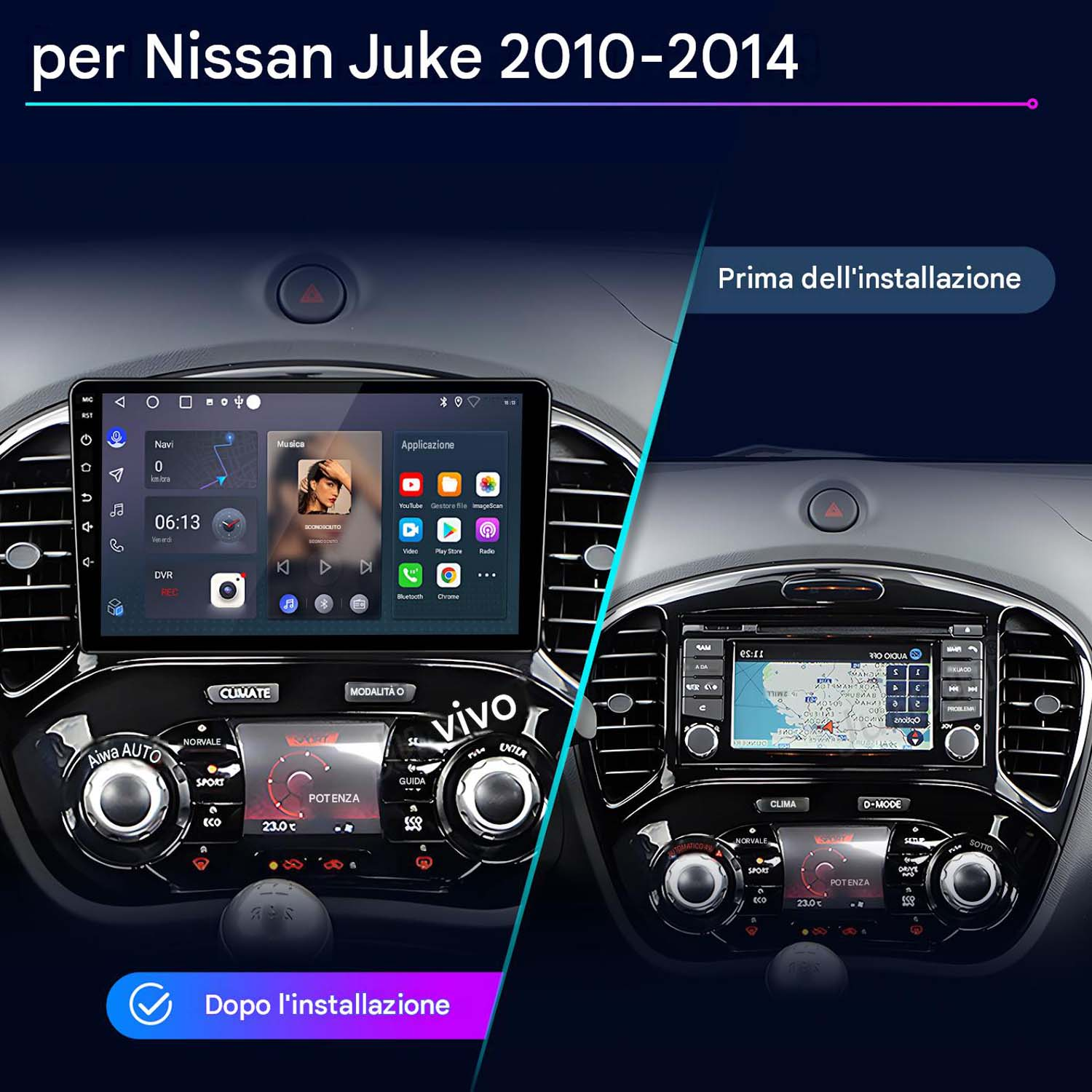 Confronto del cruscotto della Nissan Juke prima e dopo l'installazione di un nuovo touchscreen multimediale.