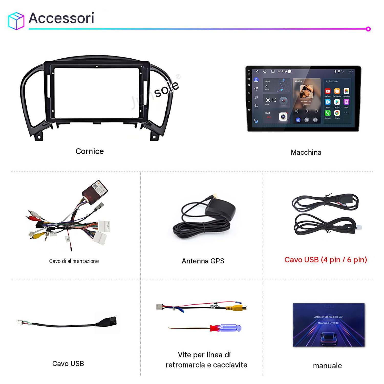 Accessori per autoradio tra cui cornice per cruscotto, display touchscreen, cavi, antenna GPS e manuale.