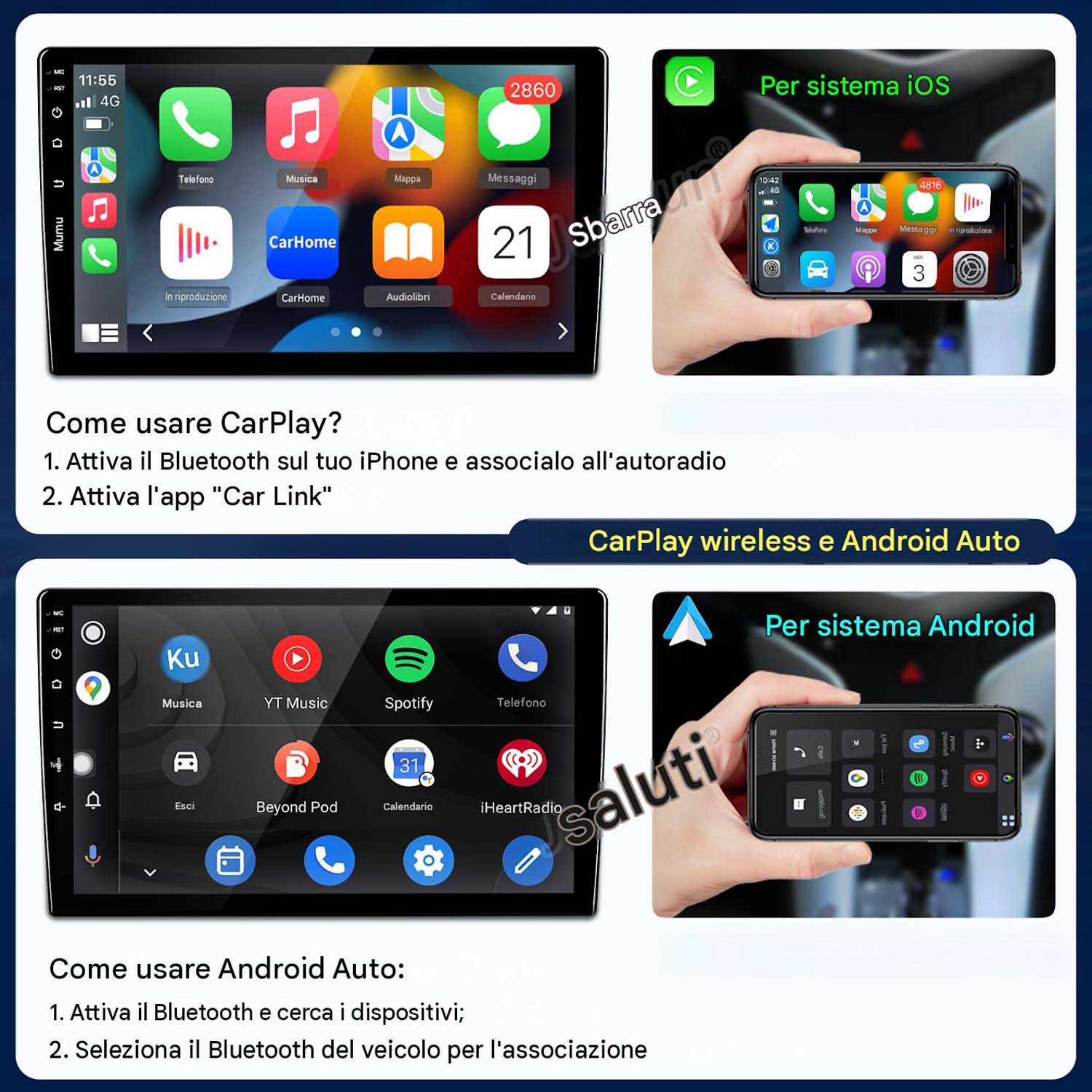 Istruzioni per l'uso di CarPlay e Android Auto su schermo autoradio con collegamento allo smartphone.