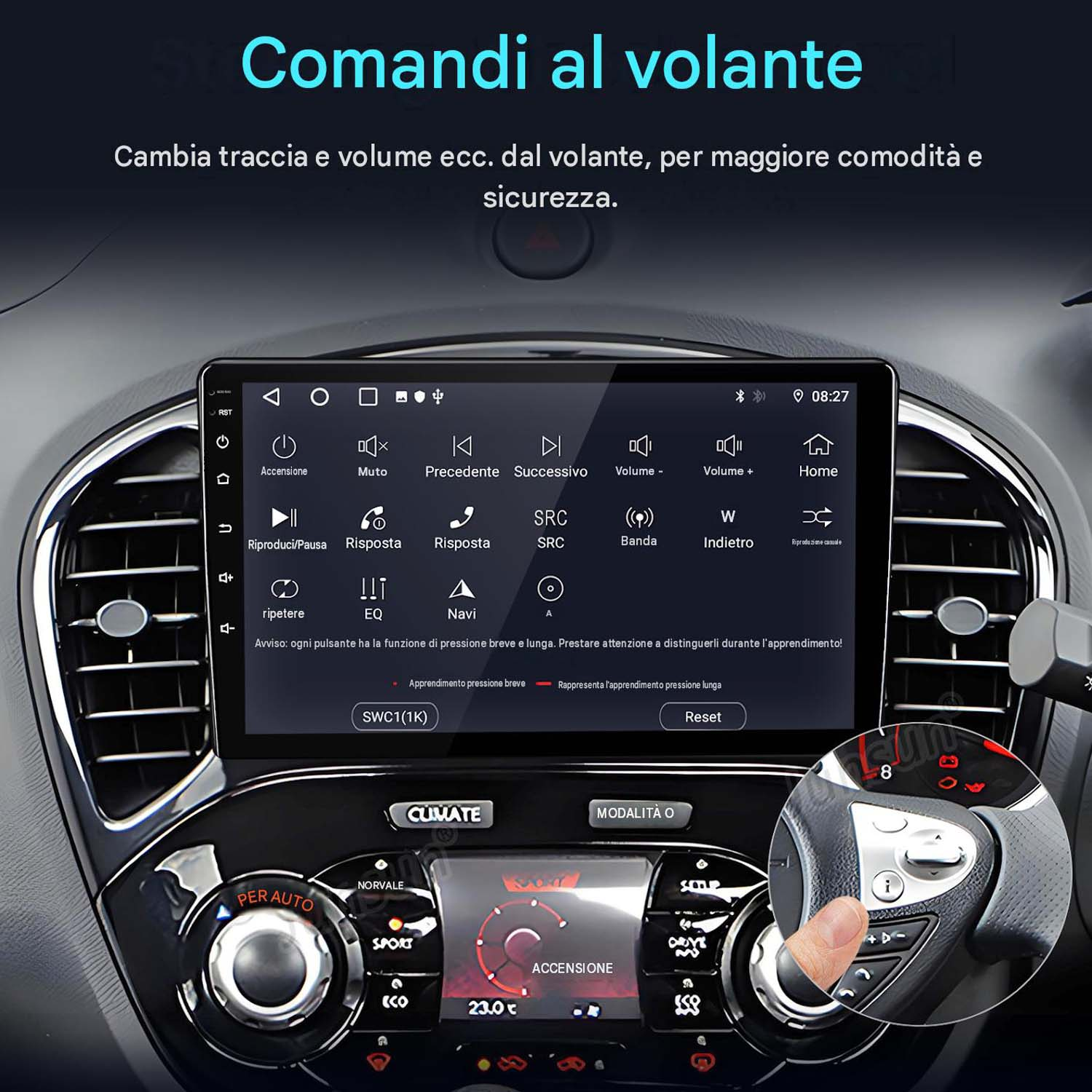 Interni auto con touchscreen e controlli, un riquadro mostra i pulsanti.