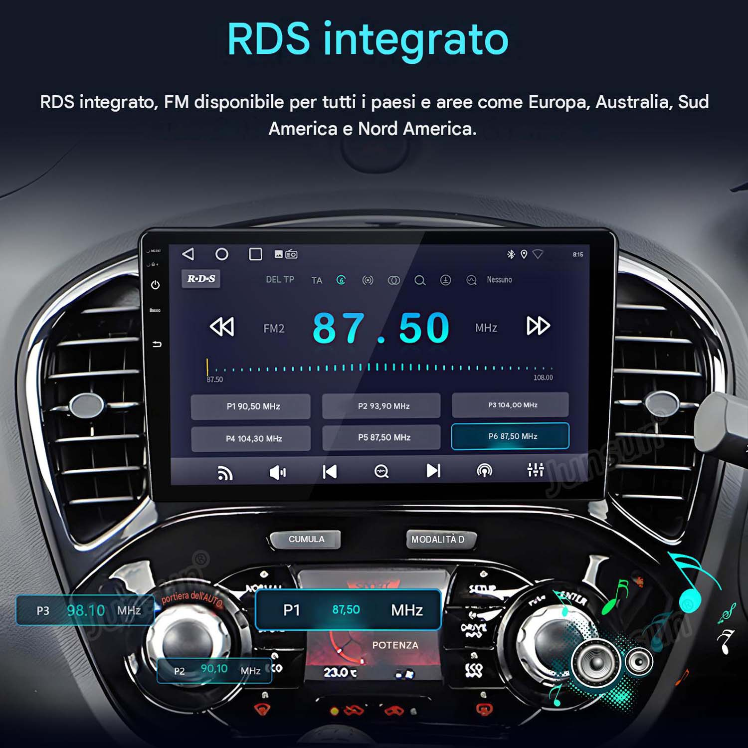 Autoradio con RDS integrato e touchscreen montato sul cruscotto.