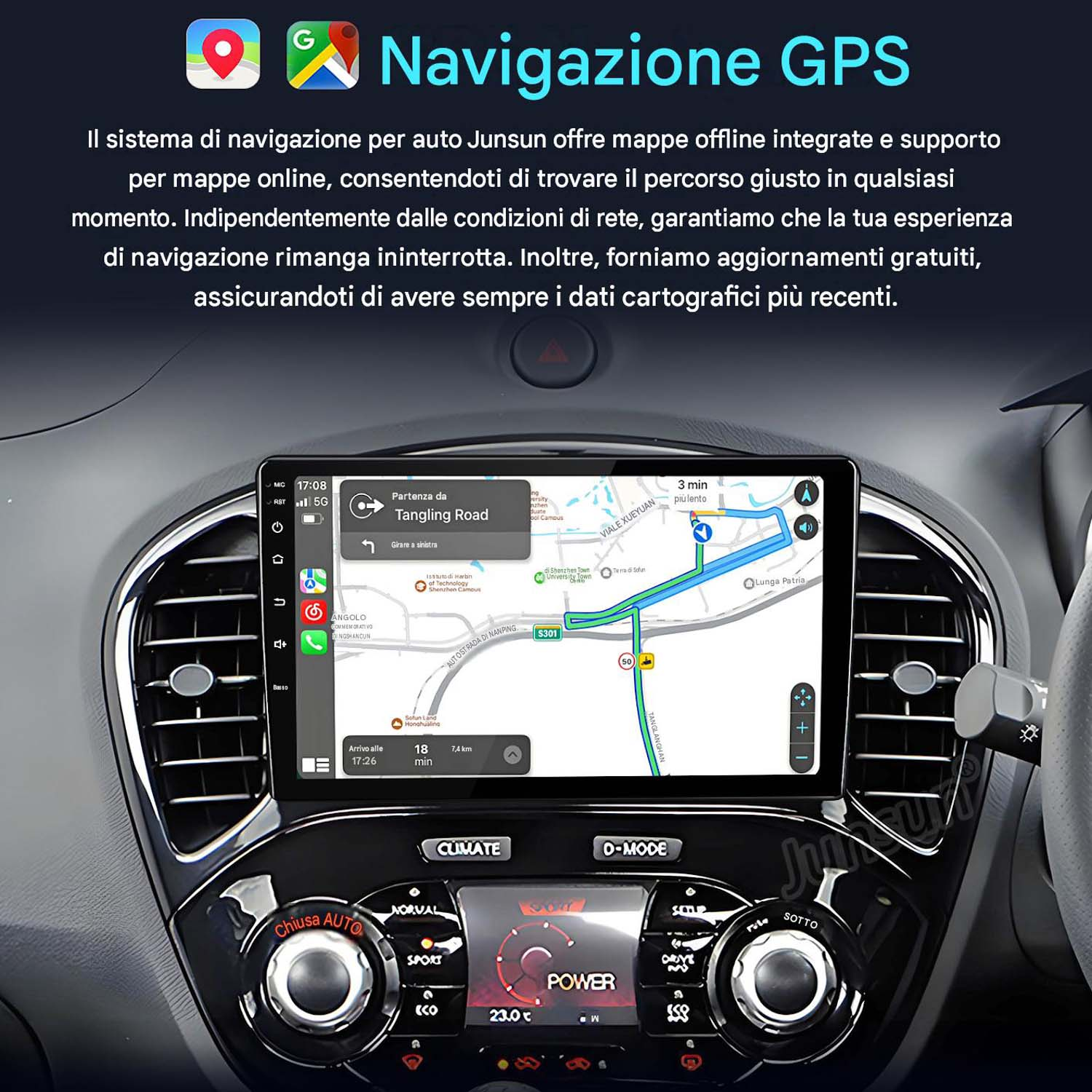 Un sistema di navigazione GPS per auto che mostra una mappa sullo schermo della plancia.