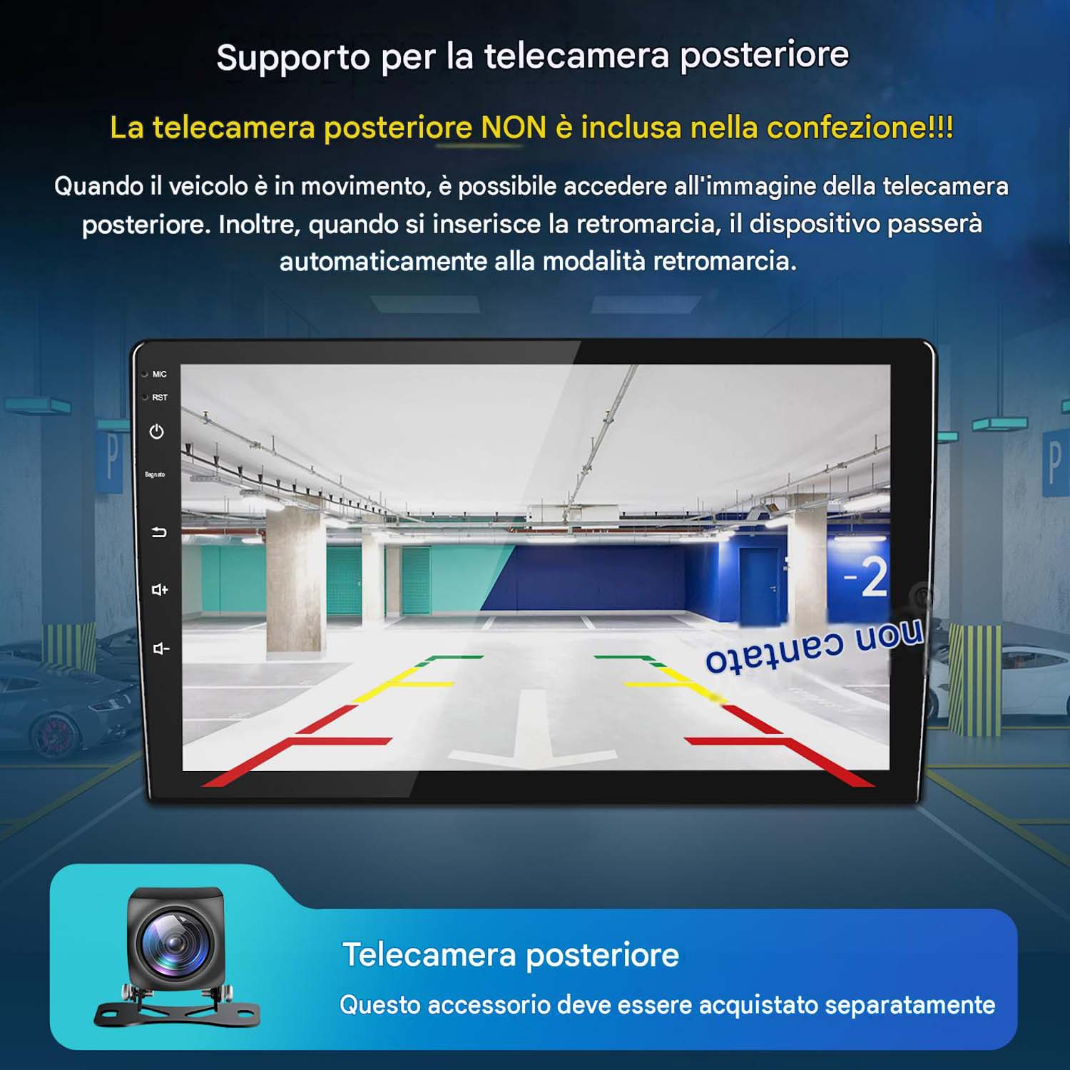 Display per auto con visuale della telecamera posteriore e linee guida per il parcheggio.