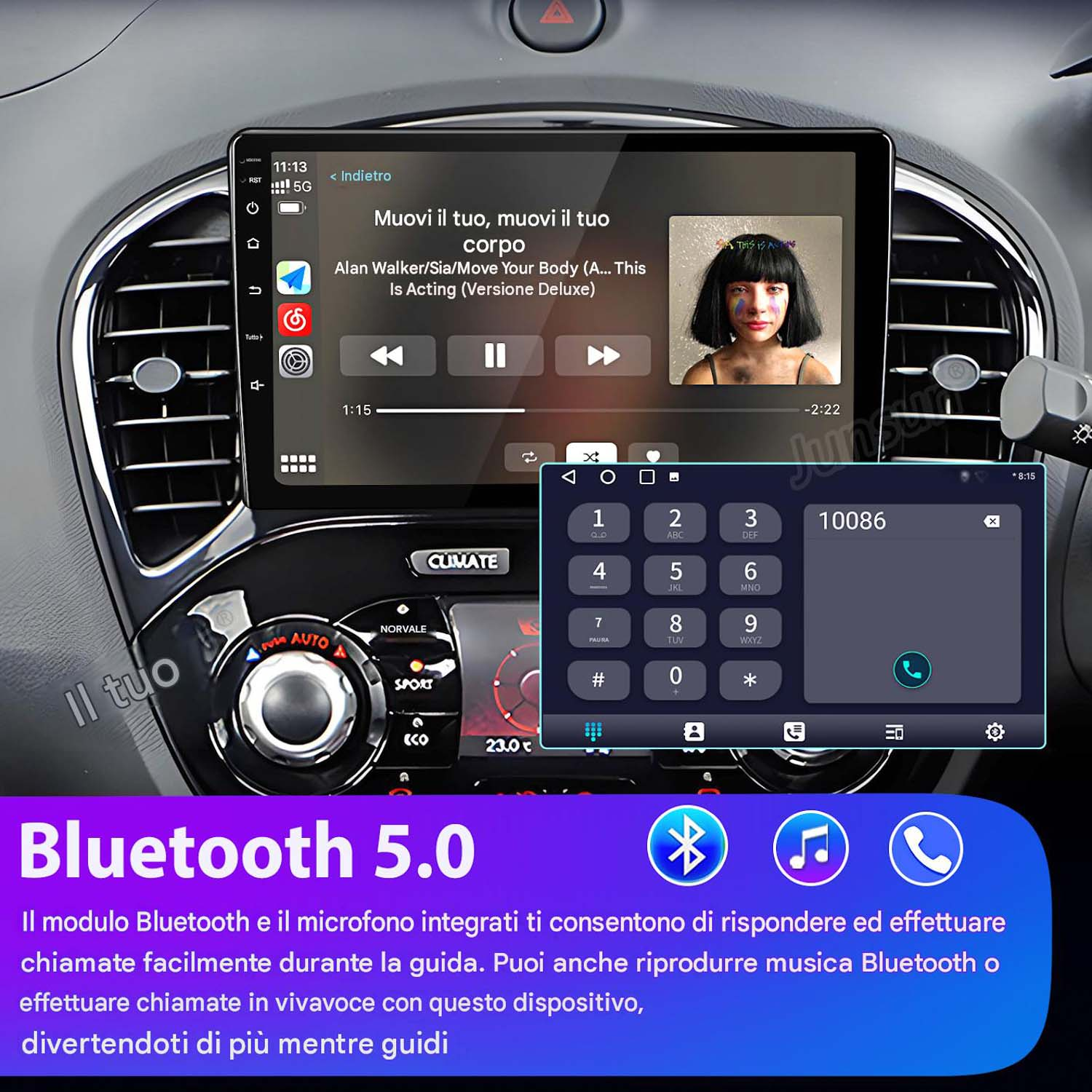 Cruscotto auto con schermo digitale per musica e tastierino telefonico, che evidenzia il Bluetooth 5.0.