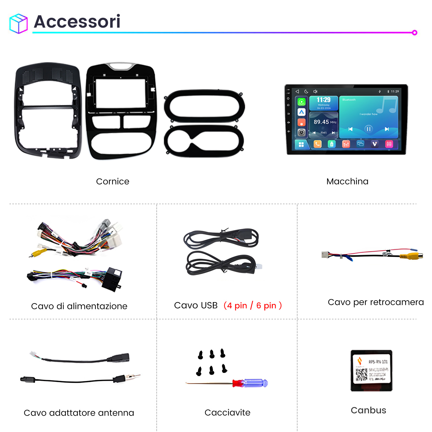 Catalogo di accessori per autoradio con cornici, schermo, cavi, cavi USB, cavo telecamera, adattatori e strumenti.