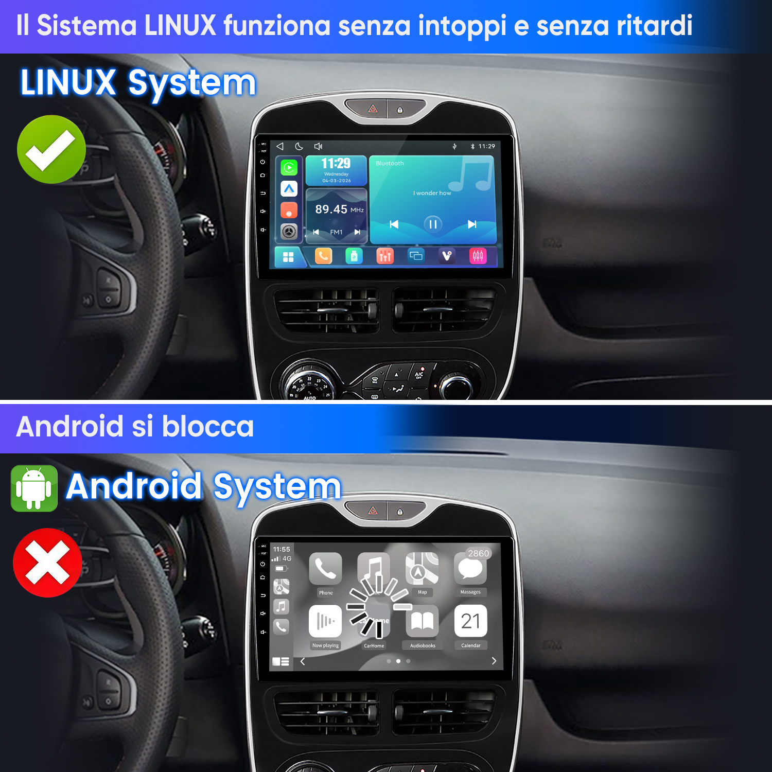 Confronto tra sistemi auto Linux e Android che mostrano display sul cruscotto.