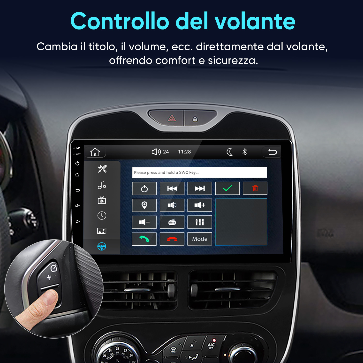 Display touchscreen auto mostra menu configurazione volante, riquadro mostra mano sui comandi.