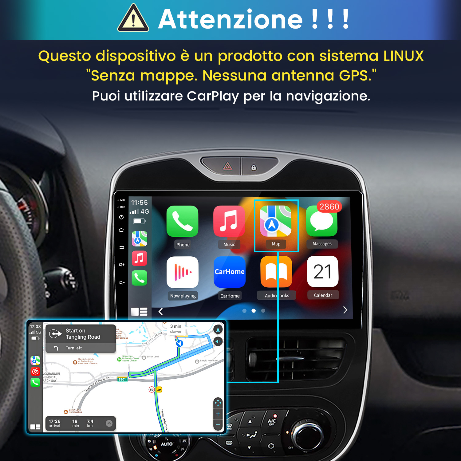 Autoradio Linux con CarPlay, senza mappe o GPS integrati.