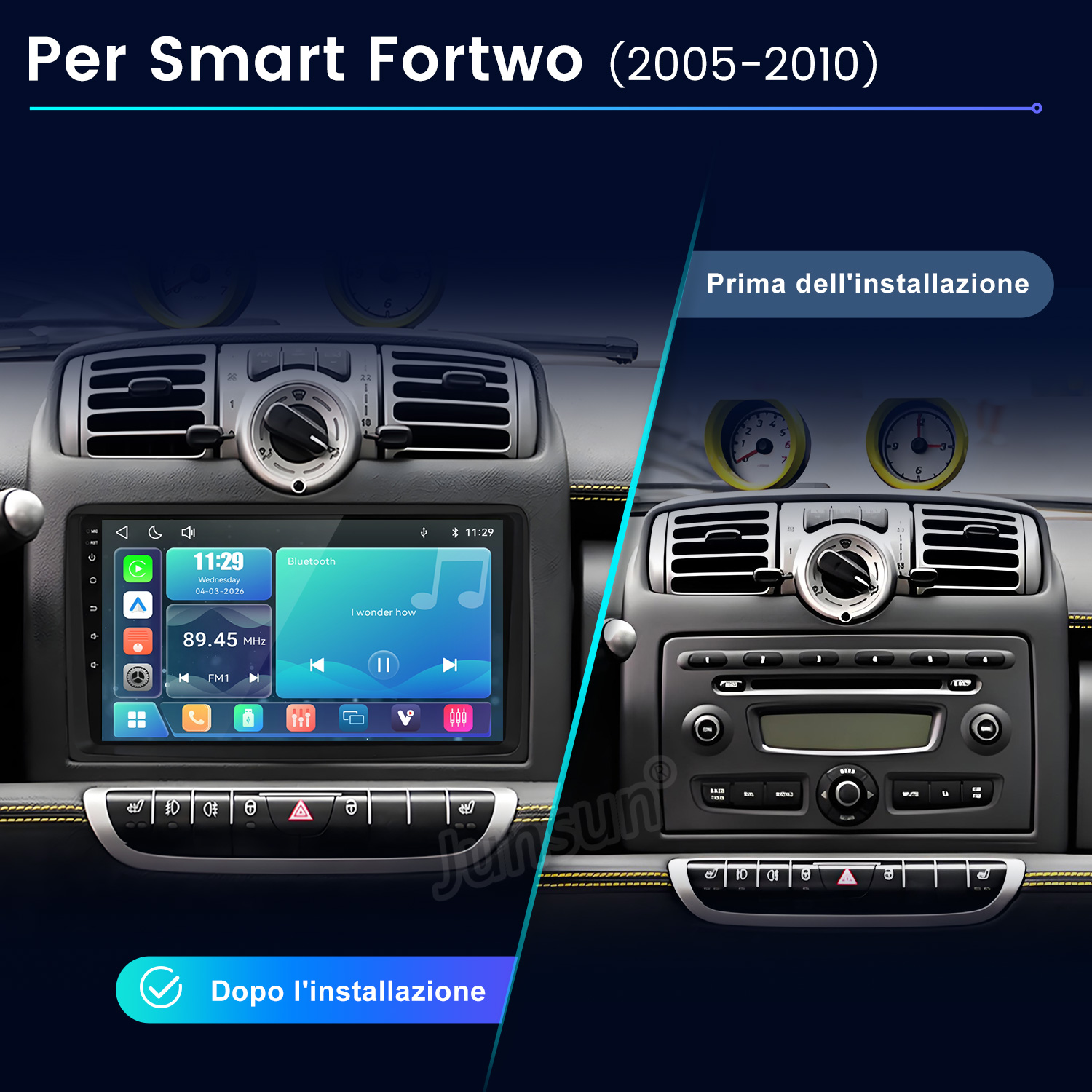 Confronto cruscotto Smart Fortwo prima e dopo l'installazione di un nuovo touchscreen.