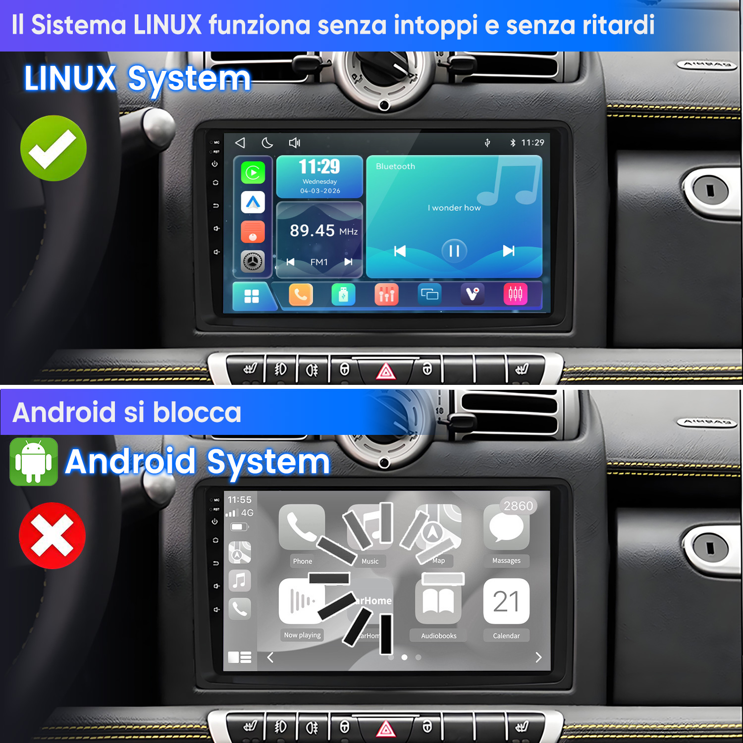 Confronto tra un'interfaccia autoradio Linux fluida e un sistema Android bloccato.