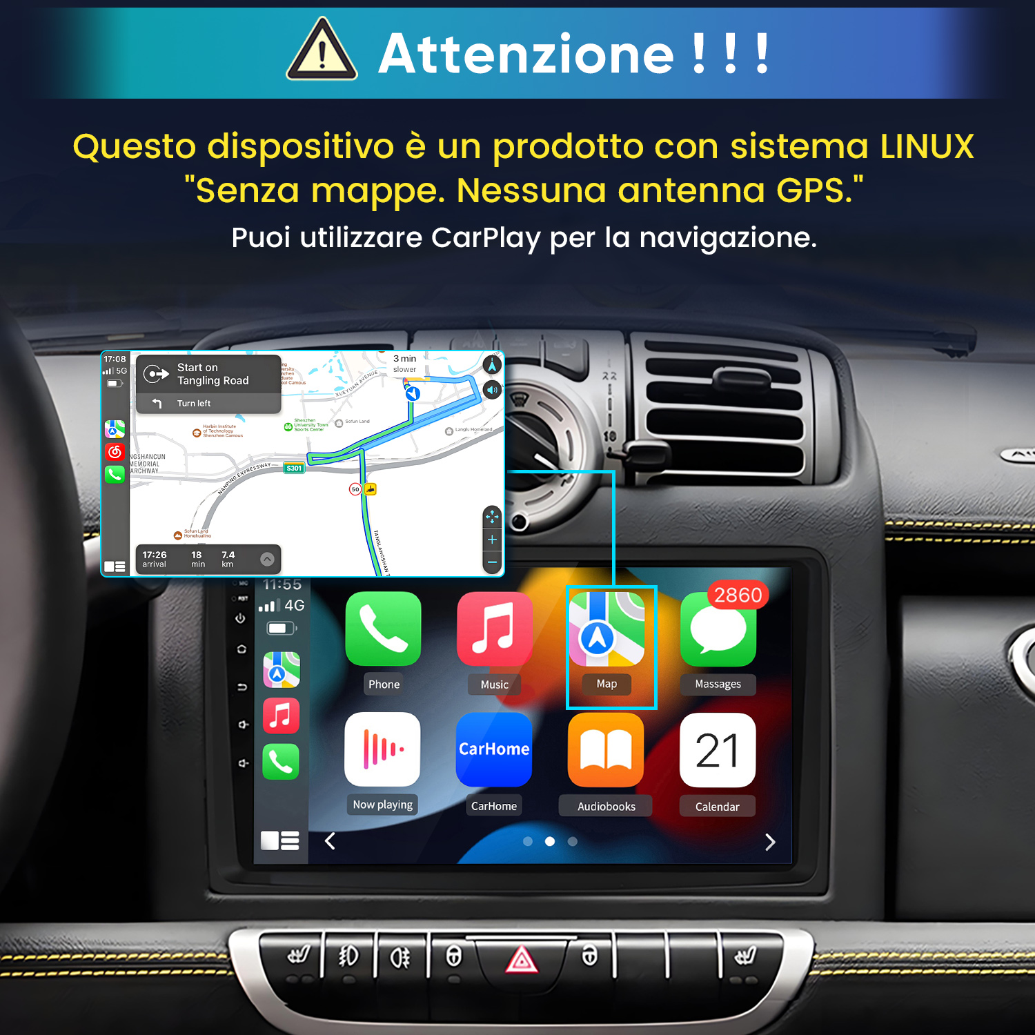 Autoradio Linux con navigazione CarPlay, icone delle app e testo di avviso in alto.