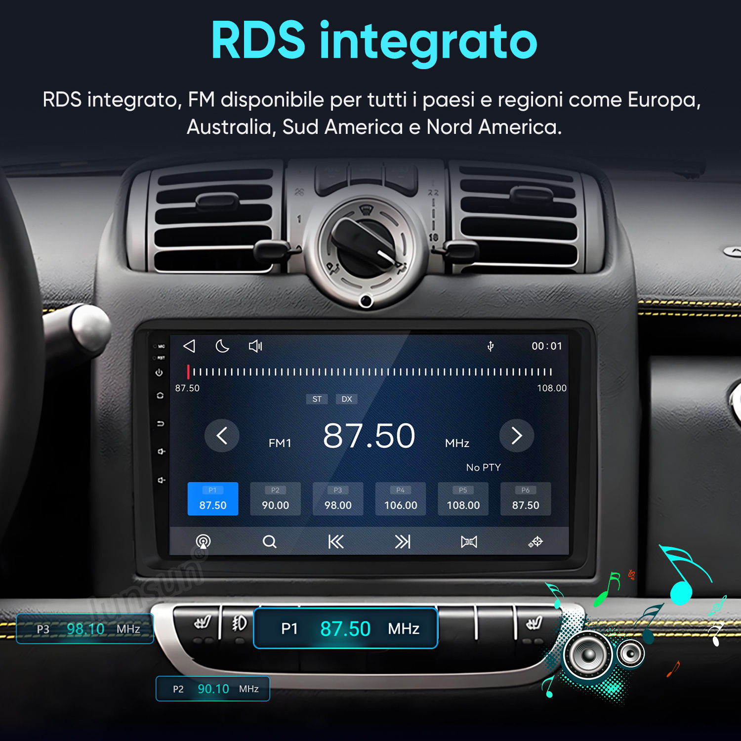 Un sistema audio per auto mostra la stazione radio FM 87,50 MHz su uno schermo touchscreen.