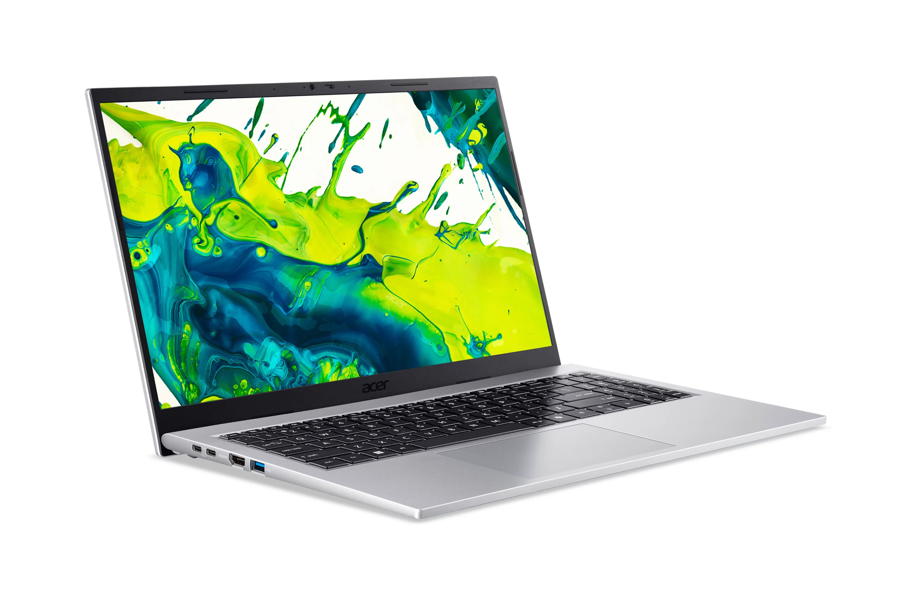Un laptop Acer argento con tastiera nera e schermo che mostra un design con schizzi di vernice verde e blu.