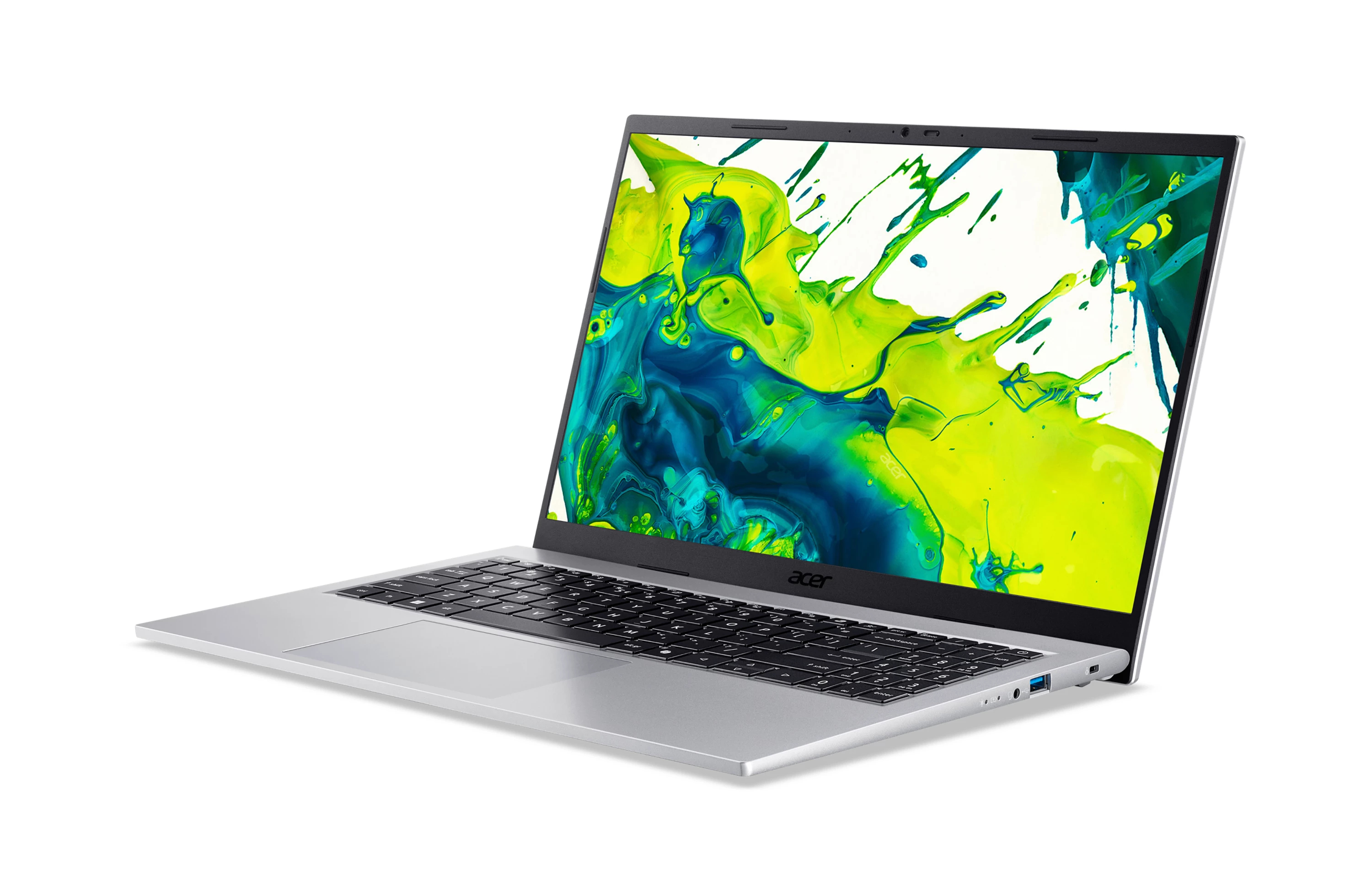 Un computer portatile Acer argentato con schermo aperto e sfondo colorato su base bianca.