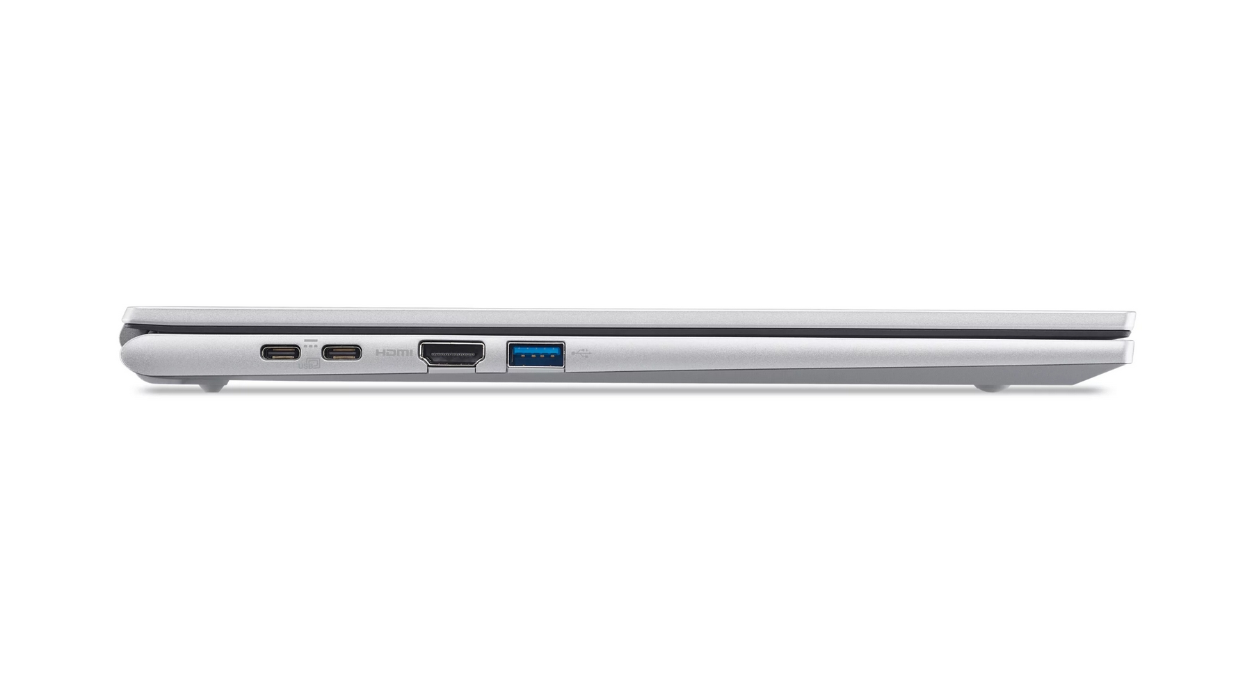 Vista laterale di un laptop argento con due porte USB-C, una porta HDMI e una porta USB-A blu.