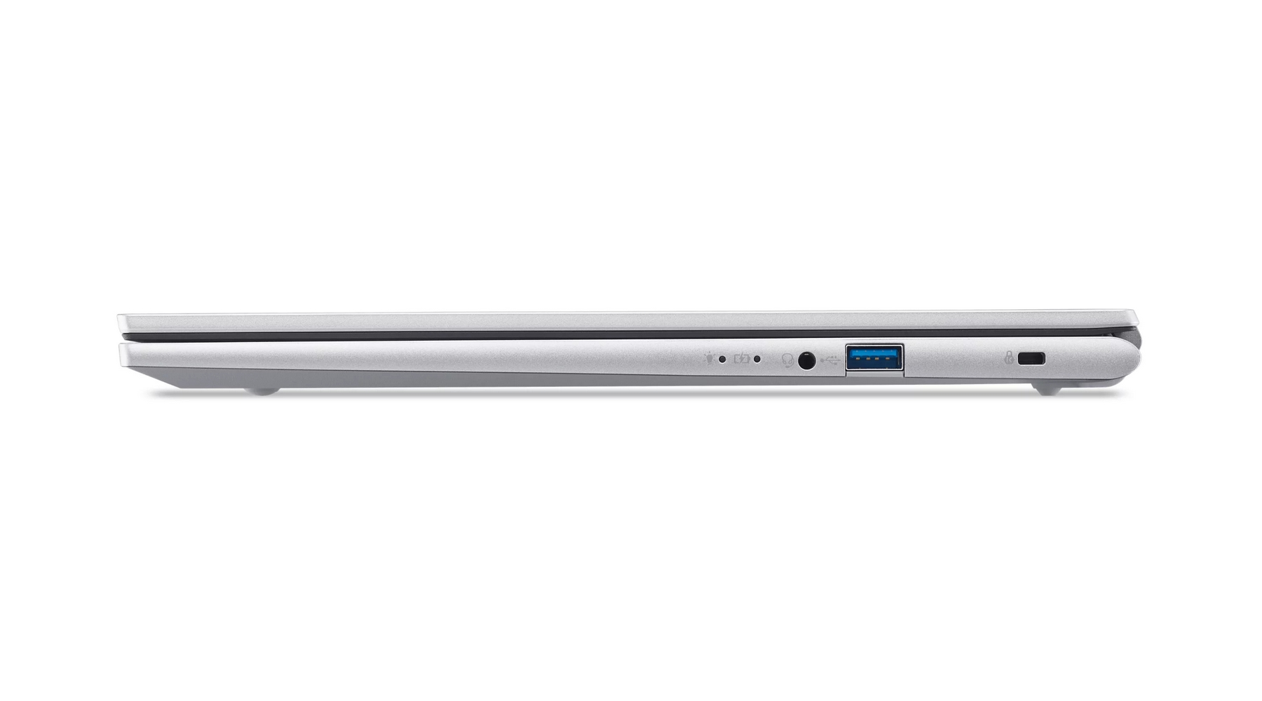 Vista laterale di un laptop argentato chiuso con porte visibili e indicatori LED su sfondo chiaro.