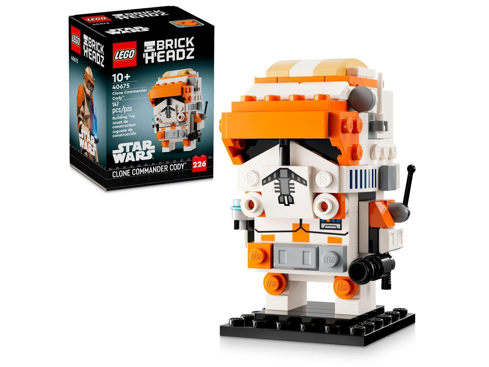 Lego Star Wars BrickHeadz Klon-Kommandant Cody Figur mit Verpackung dahinter.