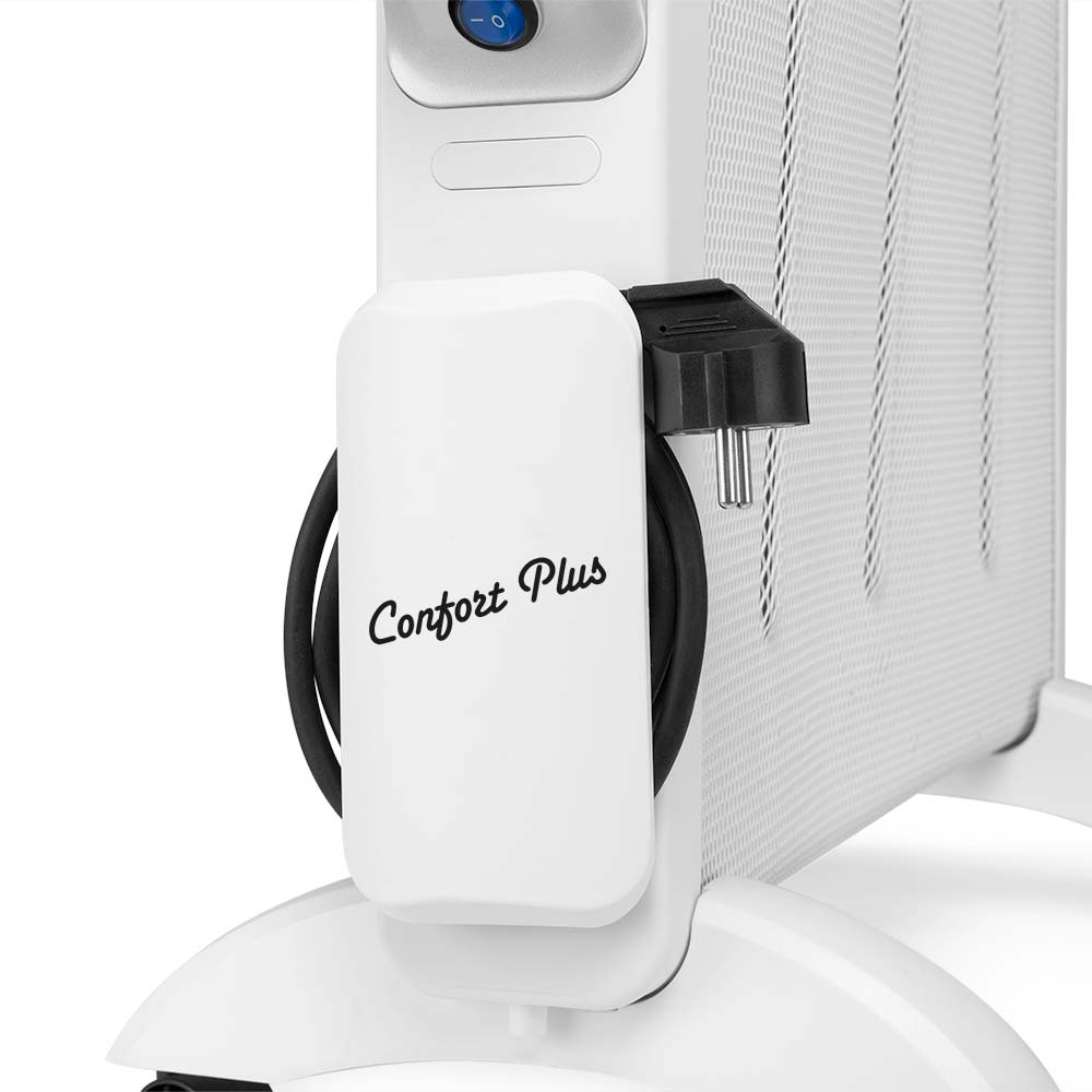 Un radiatore bianco con la scritta Confort Plus stampata sopra e un cavo di alimentazione arrotolato.
