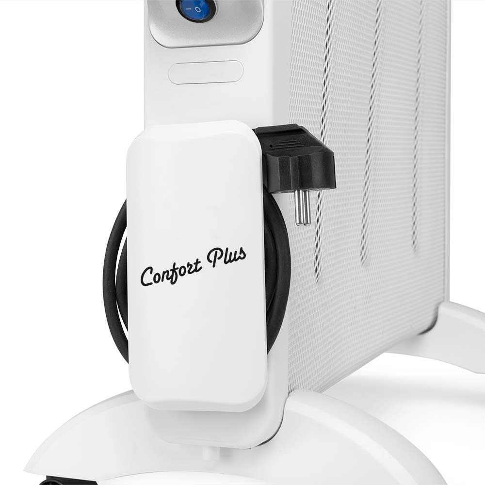 Termosifone elettrico bianco con cavo e spina neri, con la scritta Confort Plus sul lato.