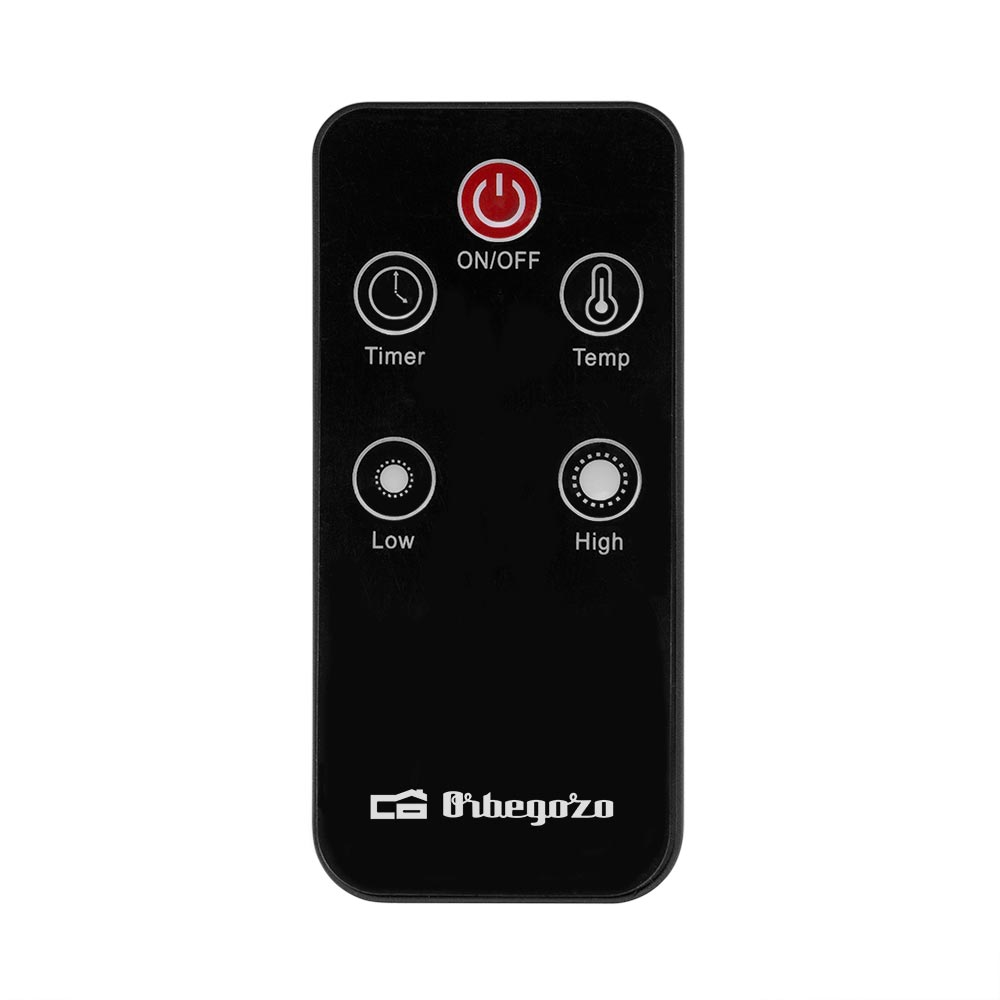 Telecomando nero con cinque pulsanti rotondi per On/Off, Timer, Temp, Low e High e logo Orbegozo.