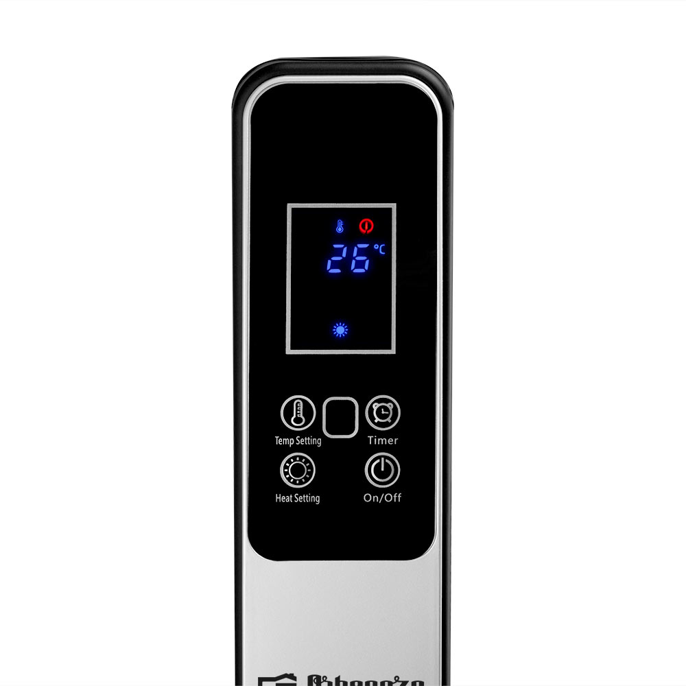 Pannello di controllo digitale di una stufa con display LED blu che mostra 26 gradi Celsius e pulsanti a sfioramento.