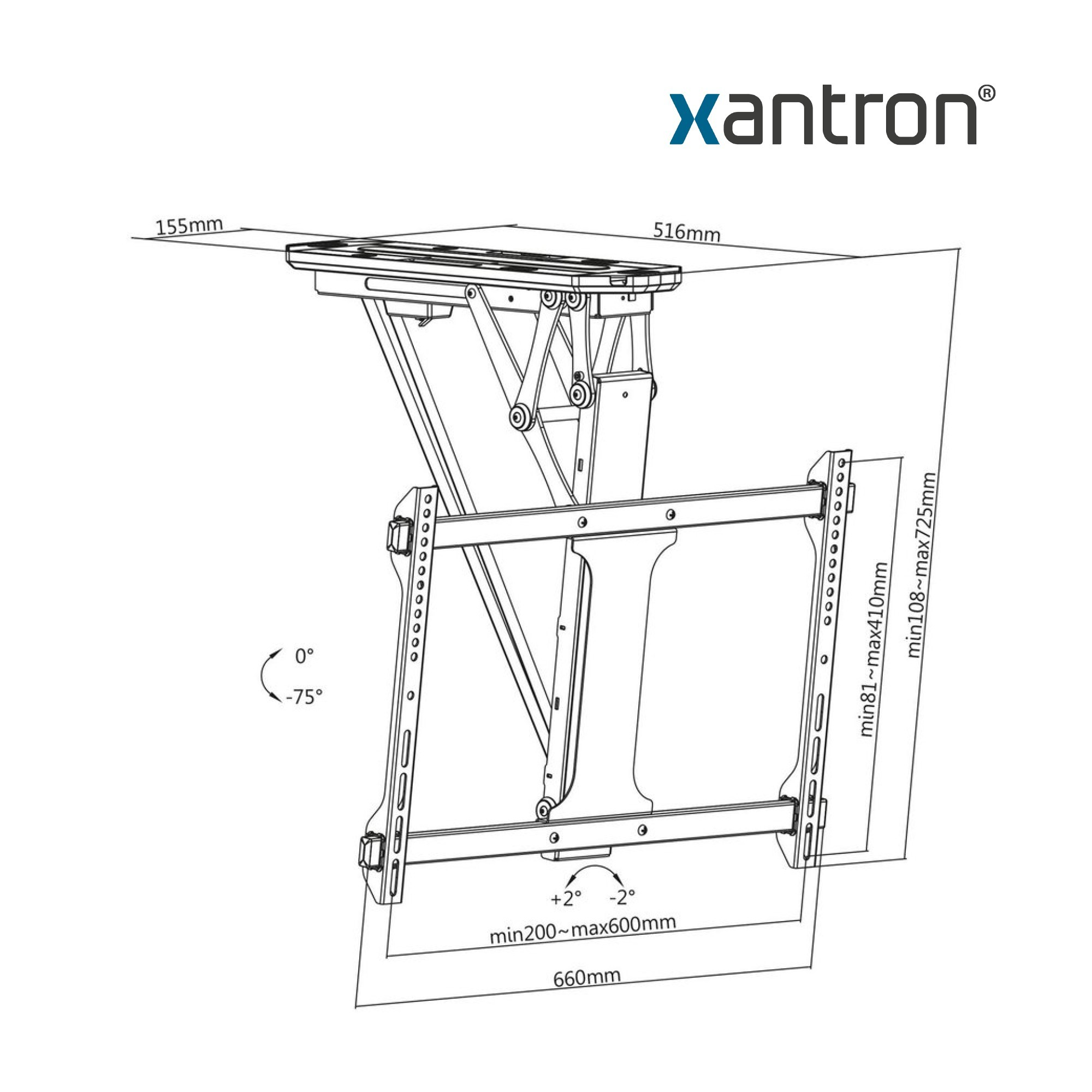 Technische Zeichnung einer Xantron Deckenhalterung mit Abmessungen und Neigungswinkeln.