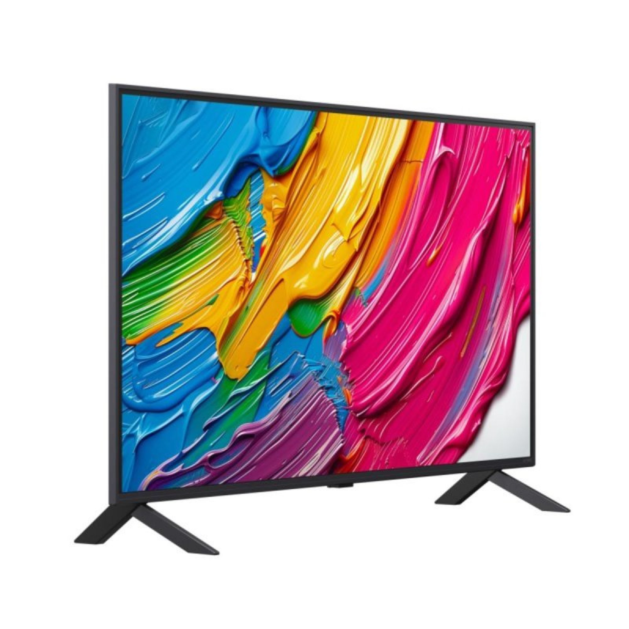 Ein moderner Fernseher mit schwarzem Rahmen zeigt ein buntes abstraktes Gemälde.