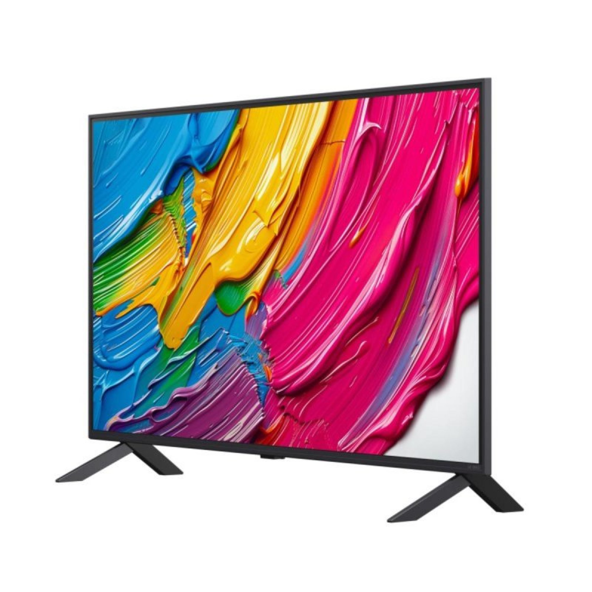 Ein schwarzer Fernseher mit V-förmigen Beinen zeigt ein Bildschirmbild mit farbenfrohen, dicken Farbstrichen.