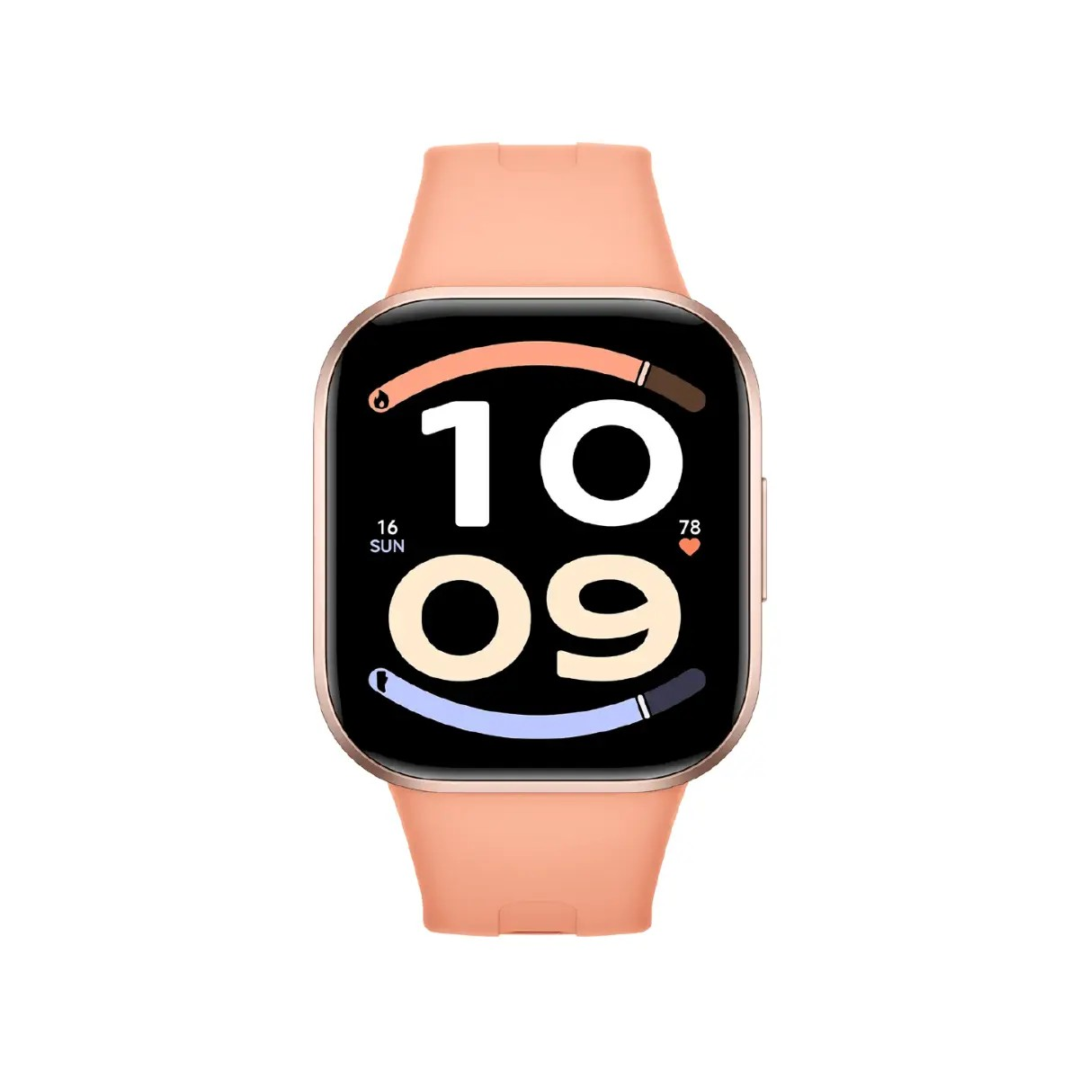 Uno smartwatch rosa con display digitale su sfondo bianco.
