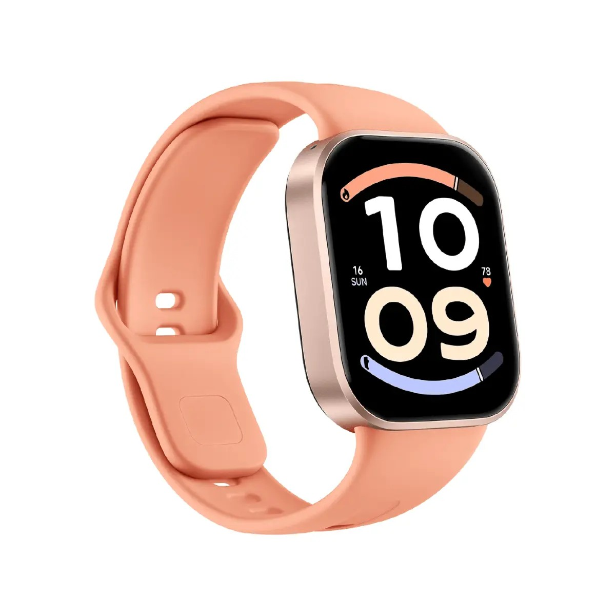 Uno smartwatch rosa con quadrante digitale e cinturino in silicone su sfondo bianco.