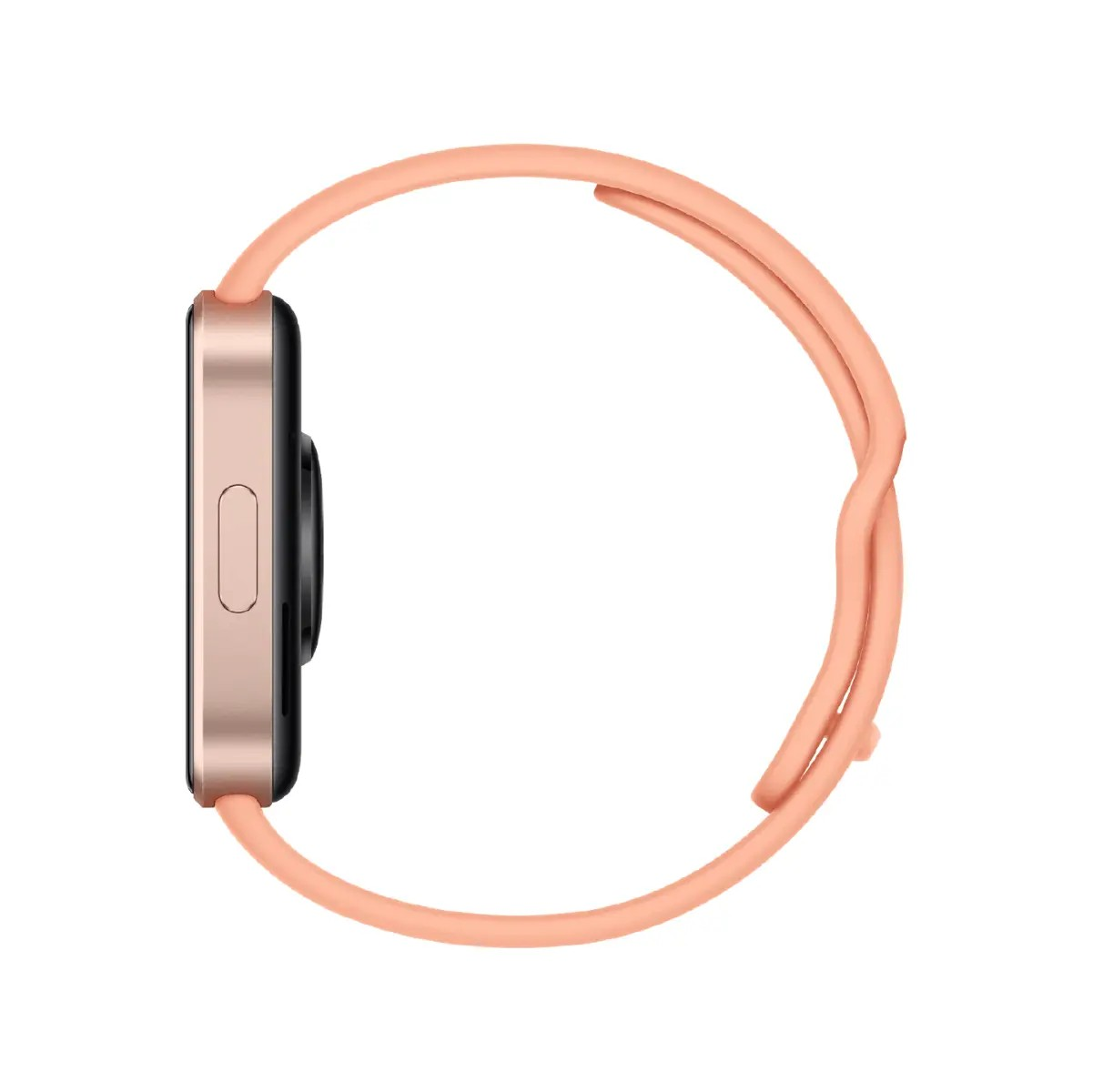 Vista laterale di uno smartwatch rosa con cassa rettangolare e cinturino in silicone su sfondo bianco.