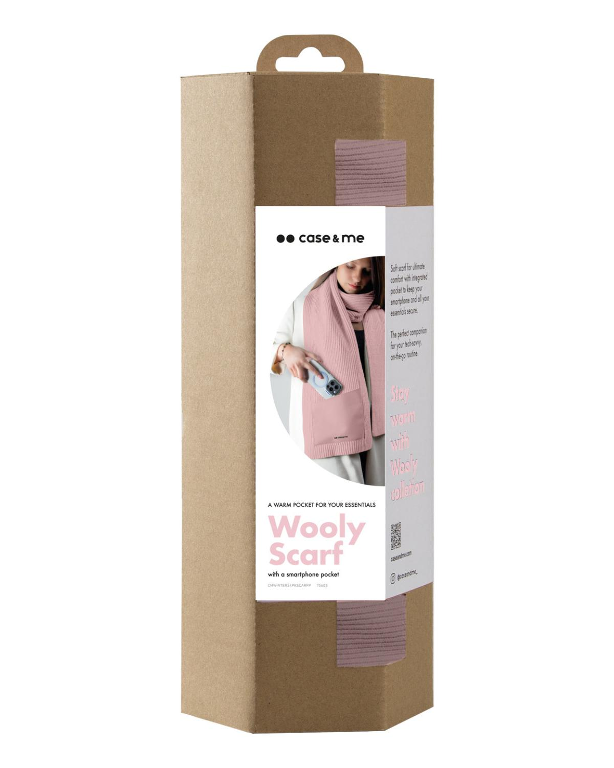 Caja de cartón marrón que muestra una bufanda rosa con bolsillo para smartphone.