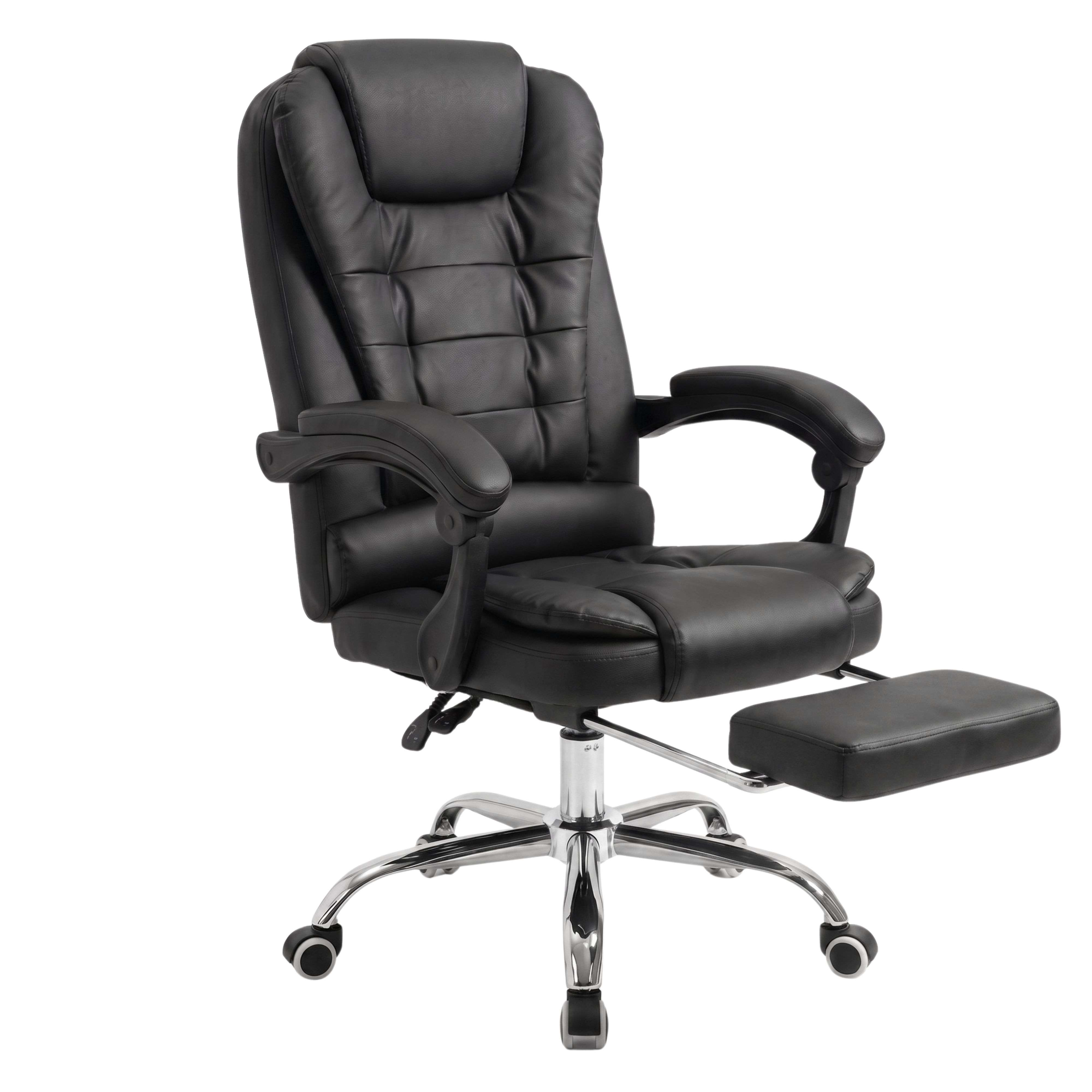 Silla de oficina negra ergonómica con reposapiés ajustable y base cromada con ruedas.