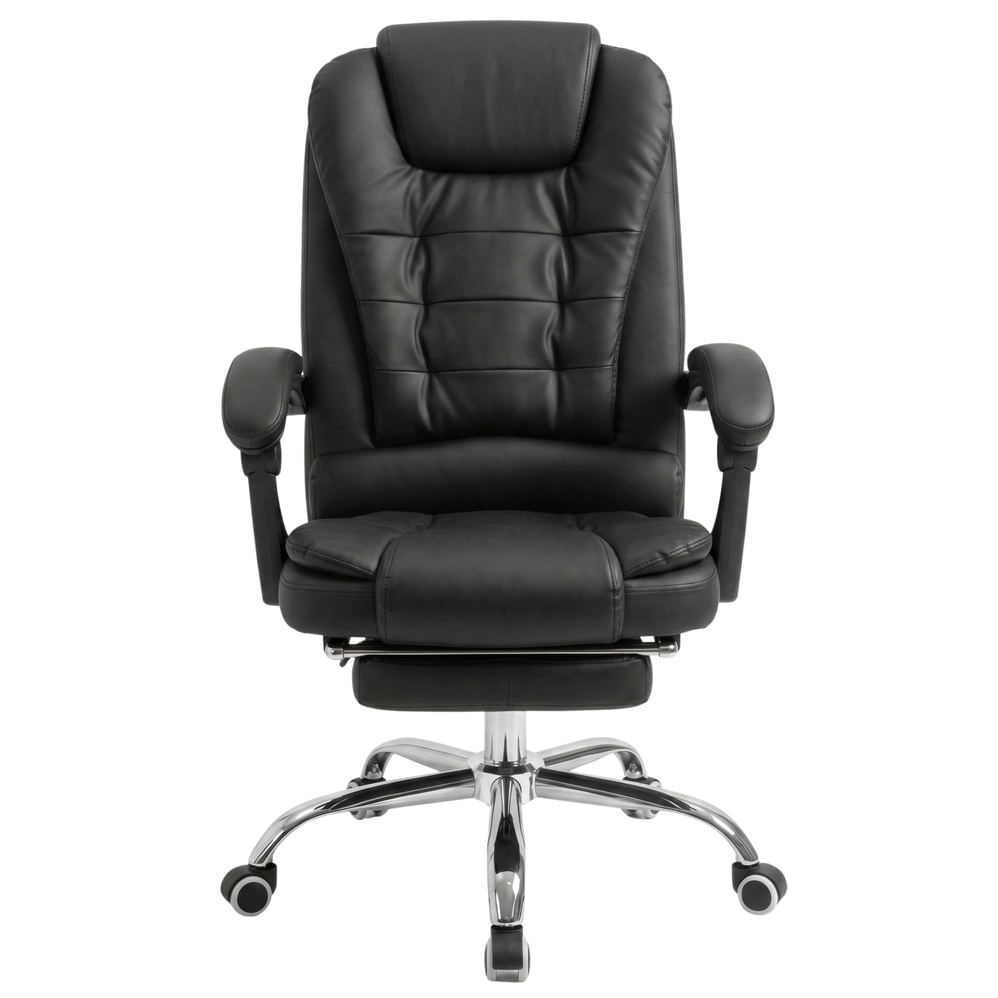 Una silla de oficina de cuero negro con base de estrella cromada y ruedas sobre fondo blanco.