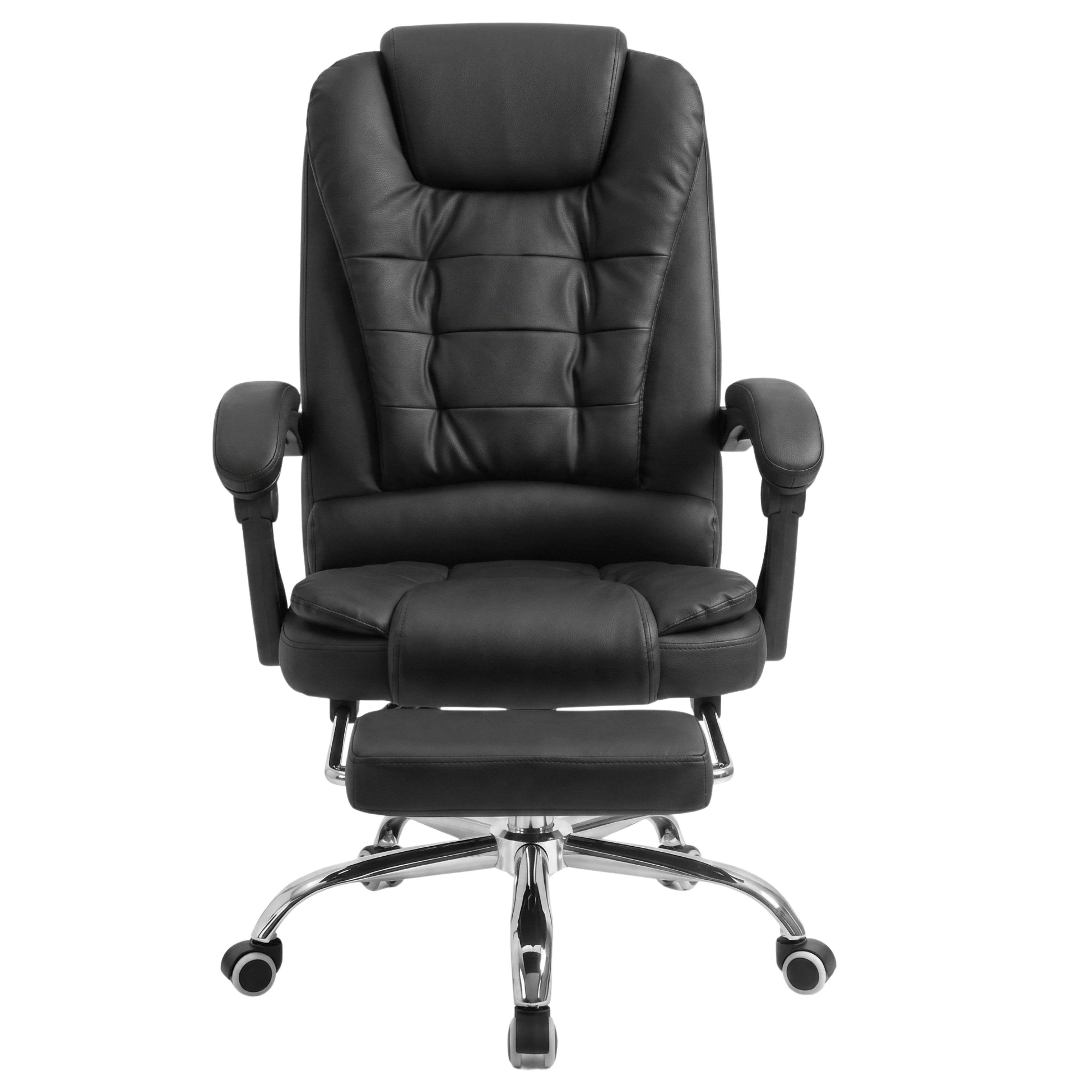 Silla de oficina de cuero negro con reposacabezas, reposabrazos, reposapiés extraíble y base cromada con ruedas.