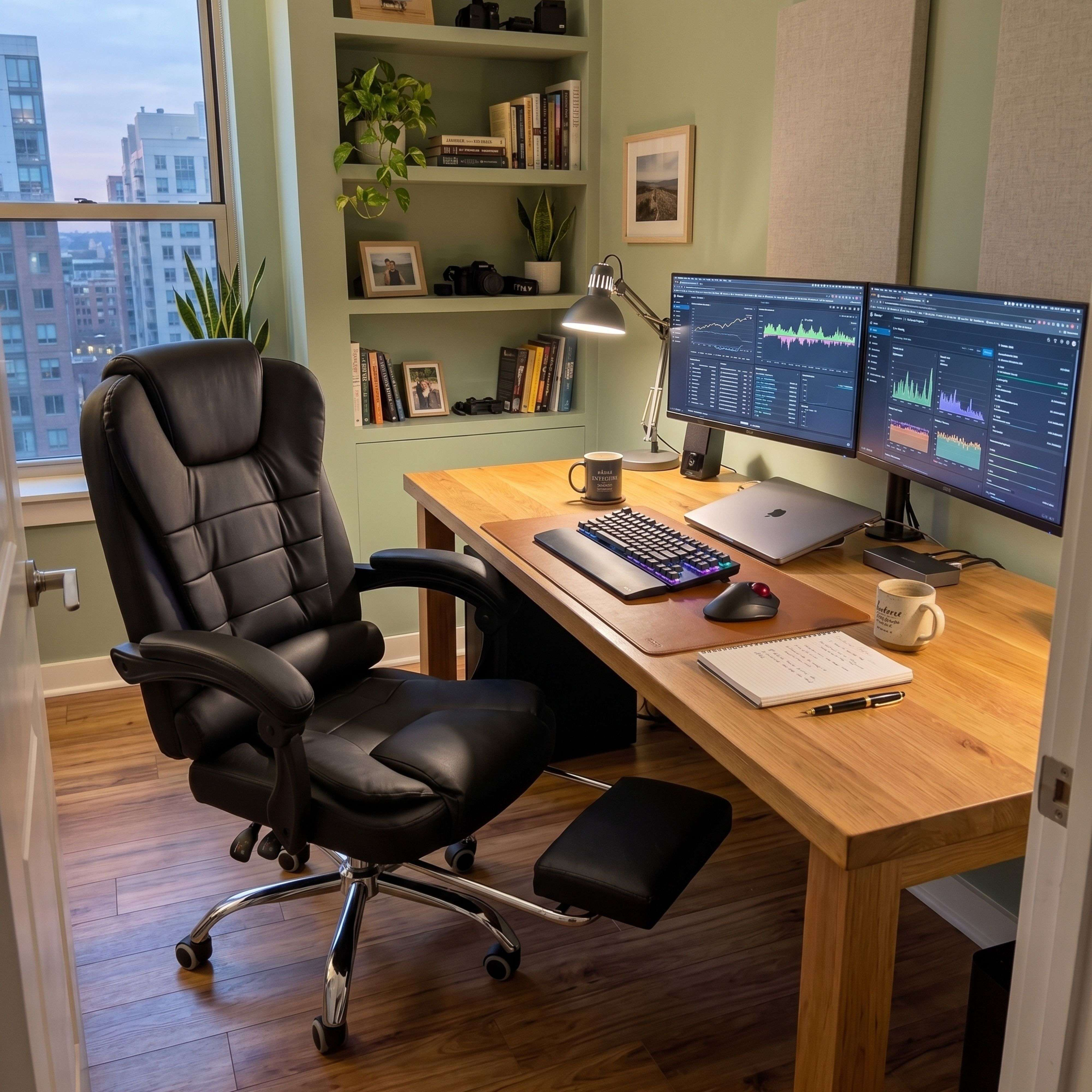 Una oficina en casa con escritorio de madera, sillón de cuero negro, dos monitores, portátil y estantería.