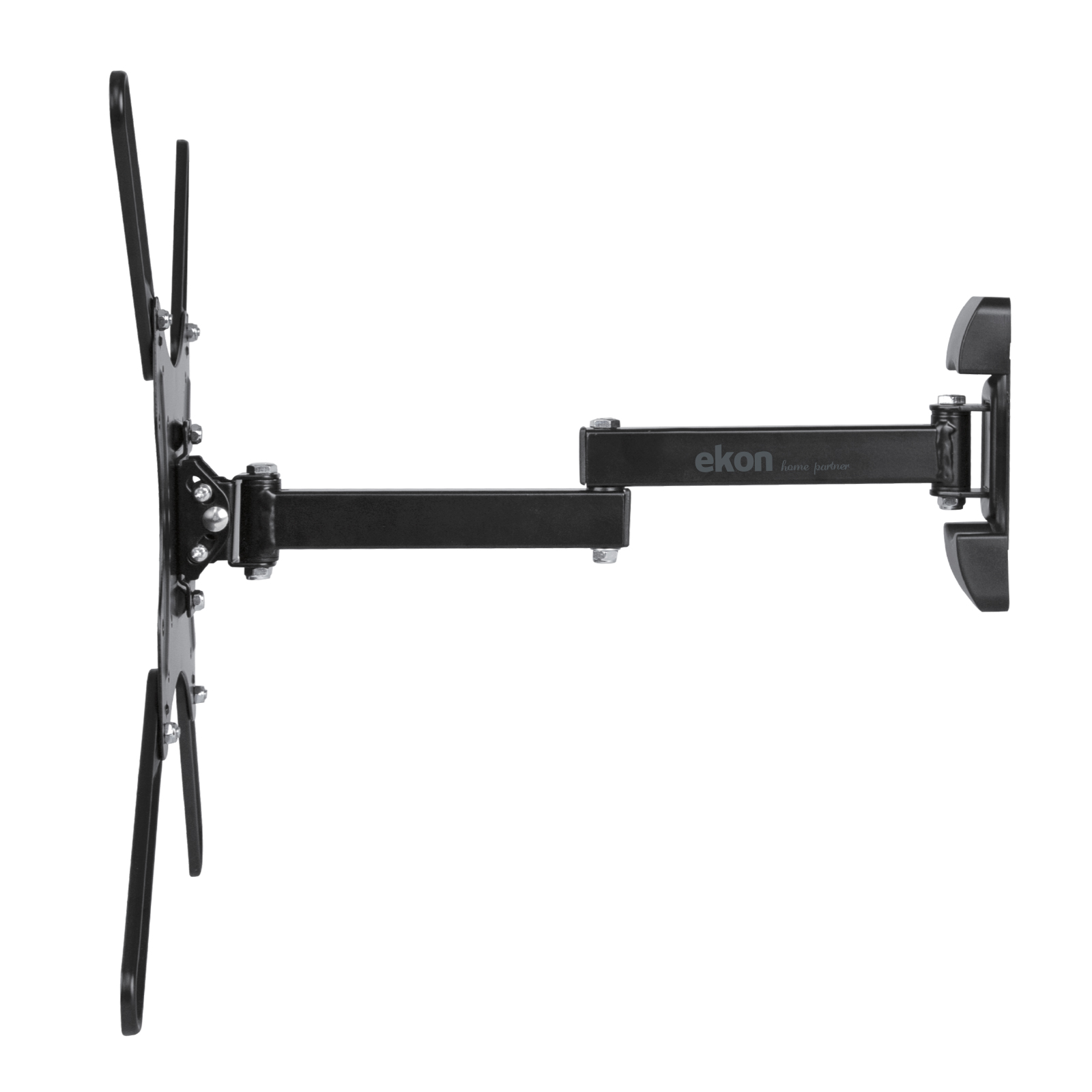 Soporte de pared negro para TV con brazo articulado extensible y soporte VESA.