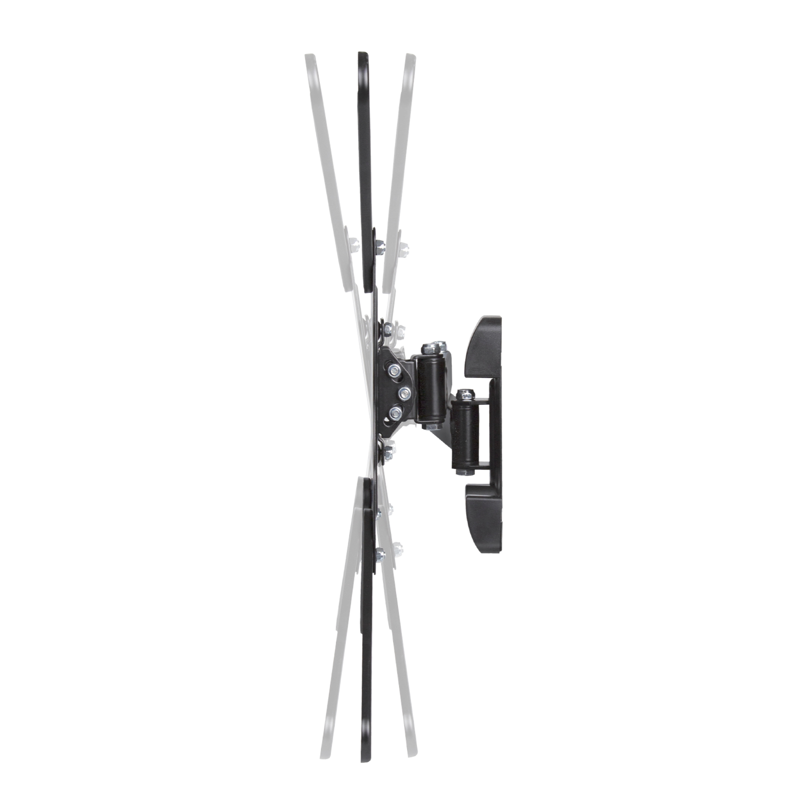 Vista lateral de un soporte de pared ajustable negro para TV que muestra varios ángulos de inclinación.