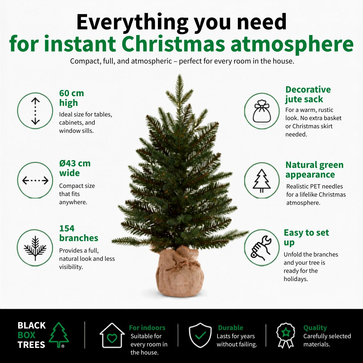 Infographic showing a 60 cm artificial Christmas tree in a jute sack, highlighting features like 154 branches and easy setup.