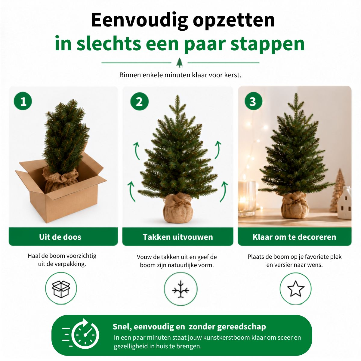 Three steps to set up an artificial Christmas tree: unbox, unfold branches, and decorate.