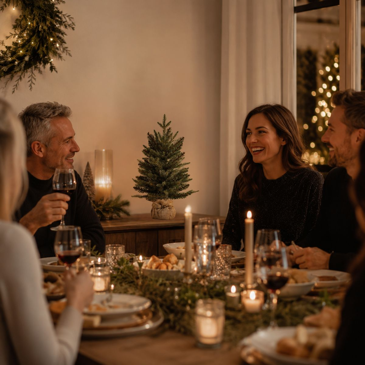 Friends celebrate Christmas at a set table in candlelight.