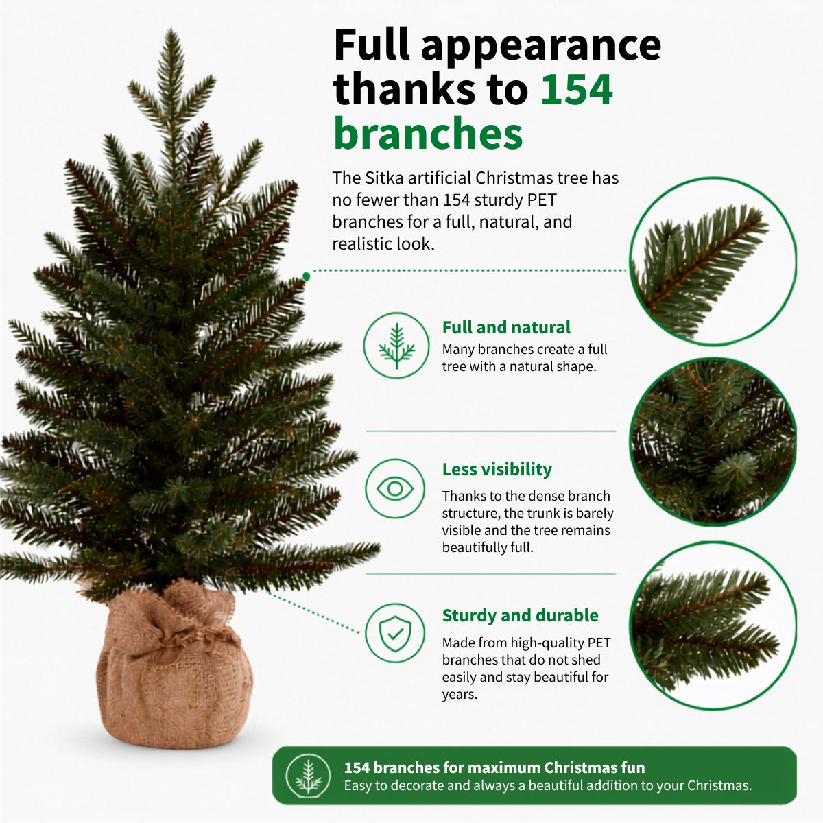 Artificial Christmas tree with 154 dense branches in a burlap sack, featuring explanatory text and close-ups.