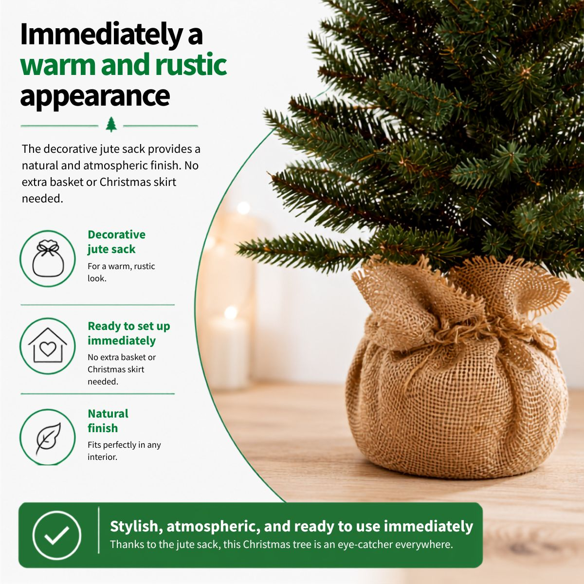 A small Christmas tree in a jute sack on a wooden table, with promotional text and icons on the left.