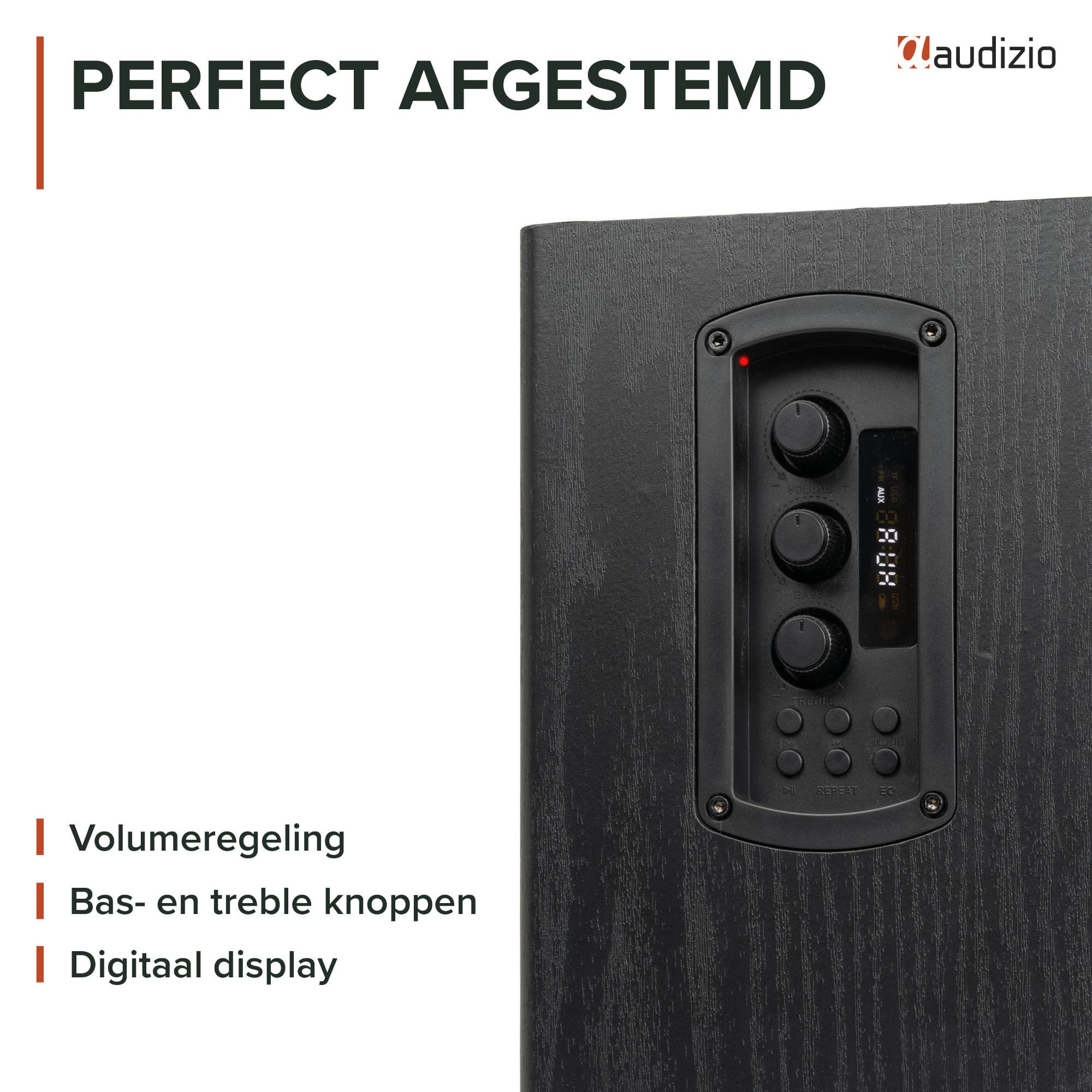 Altavoz Audizio con pantalla digital y controles de volumen, graves y agudos.