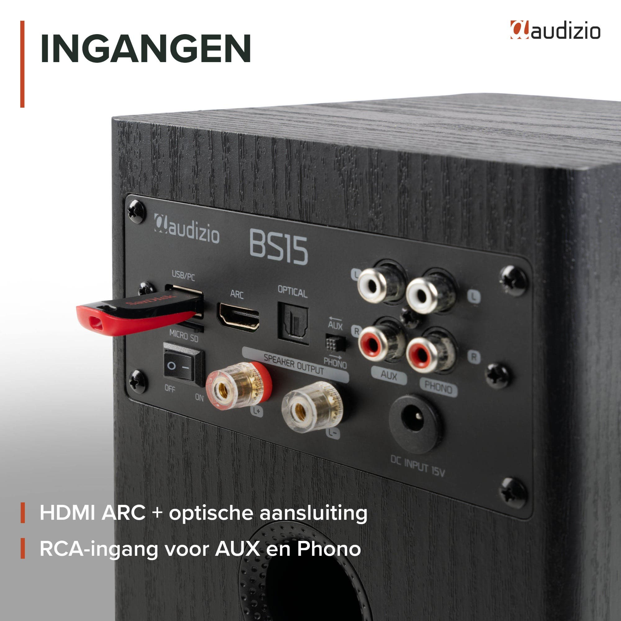 Panel trasero de un altavoz Audizio BS15 con varios puertos y una unidad USB roja conectada.