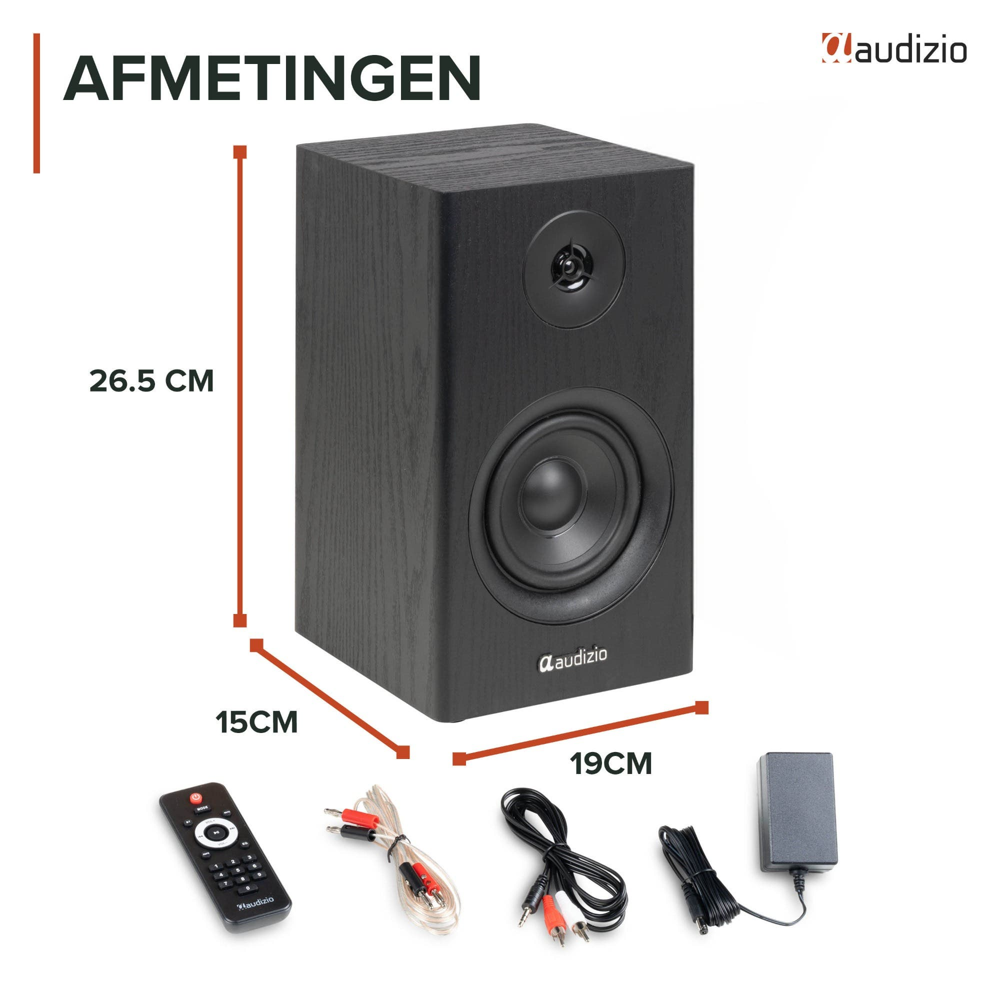 Altavoz Audizio negro con dimensiones, un control remoto, cables y adaptador.